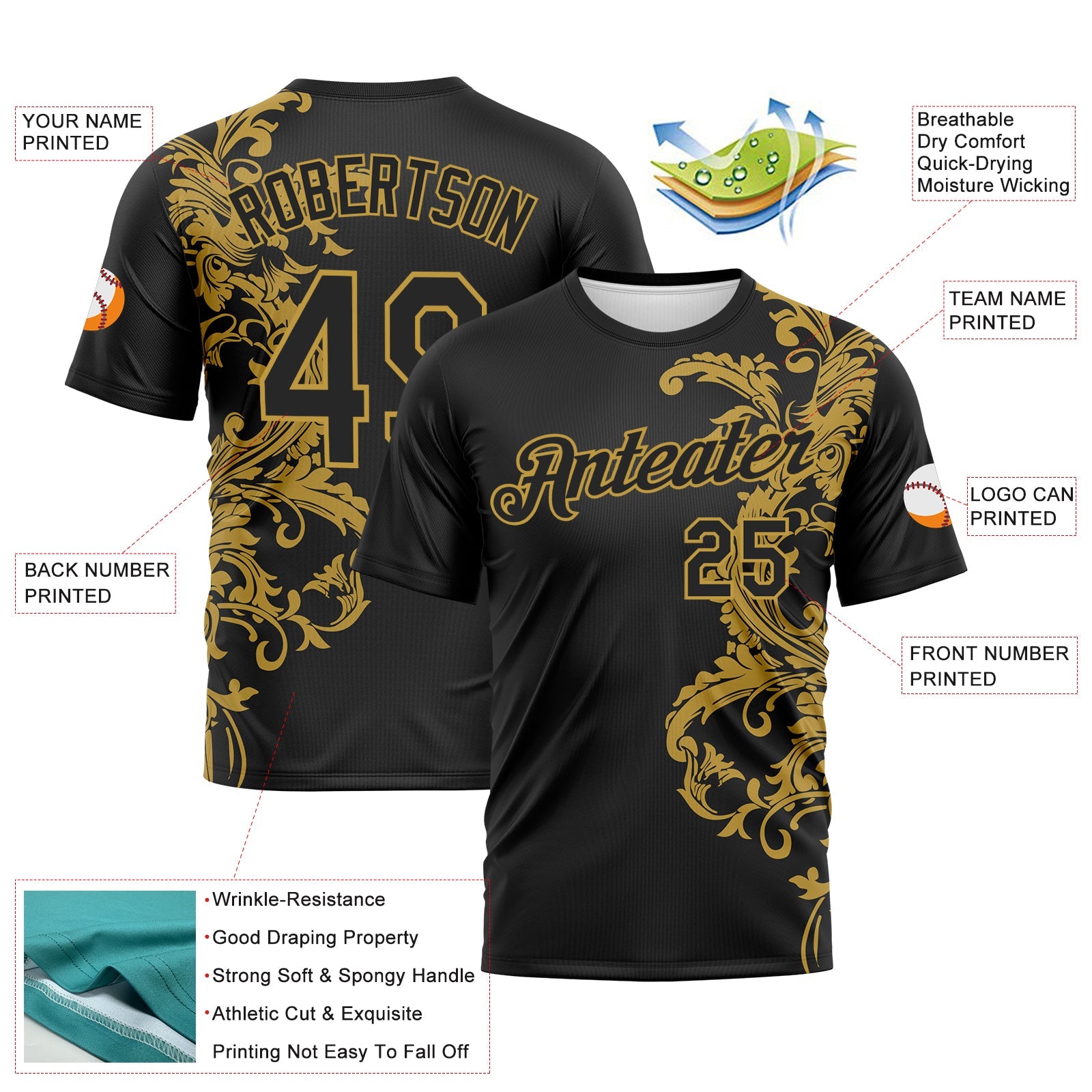Custom Black-Old Gold Baroque Rococo Floral Scrollwork Performance T-Shirt view 2
