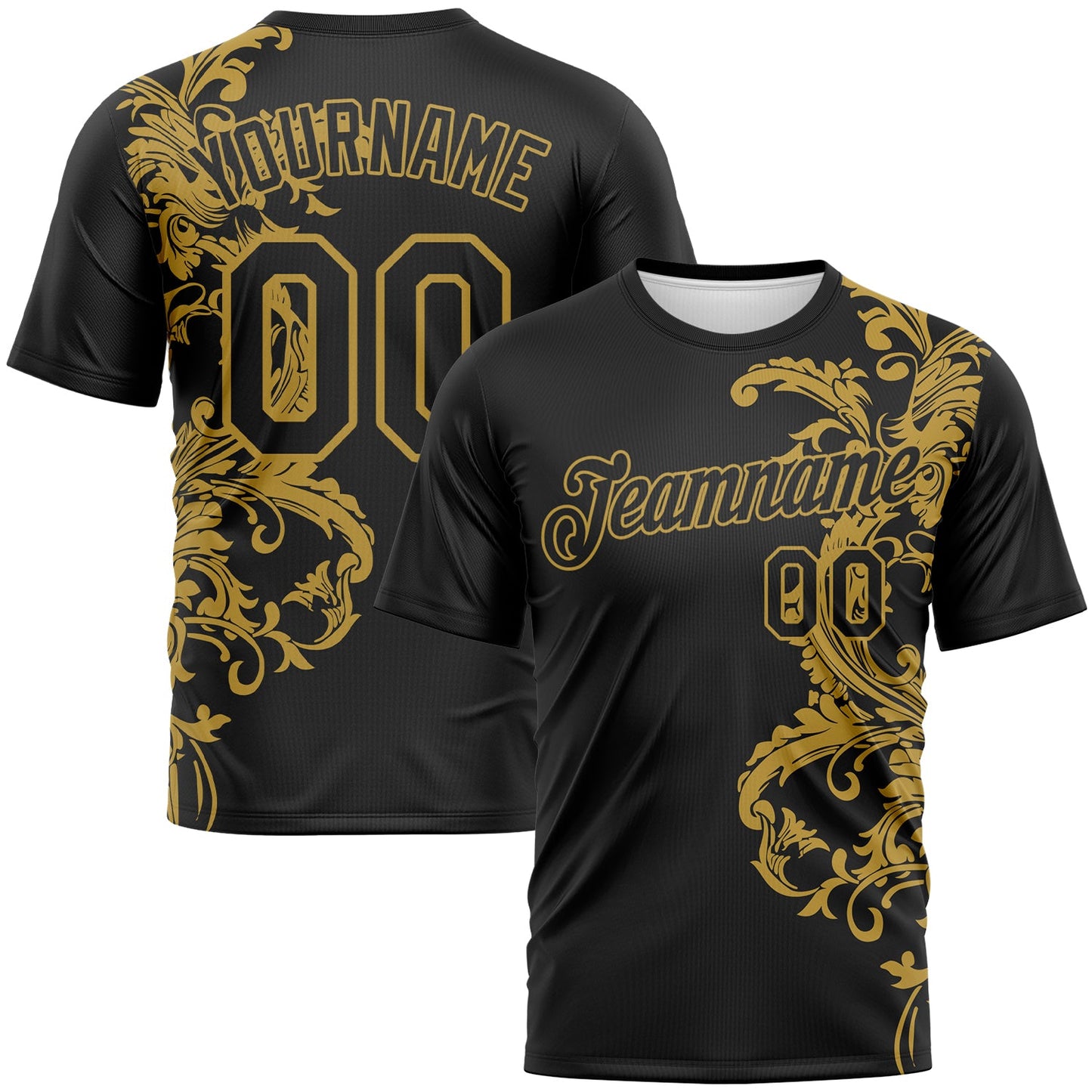 Custom Black-Old Gold Baroque Rococo Floral Scrollwork Performance T-Shirt - Main View
