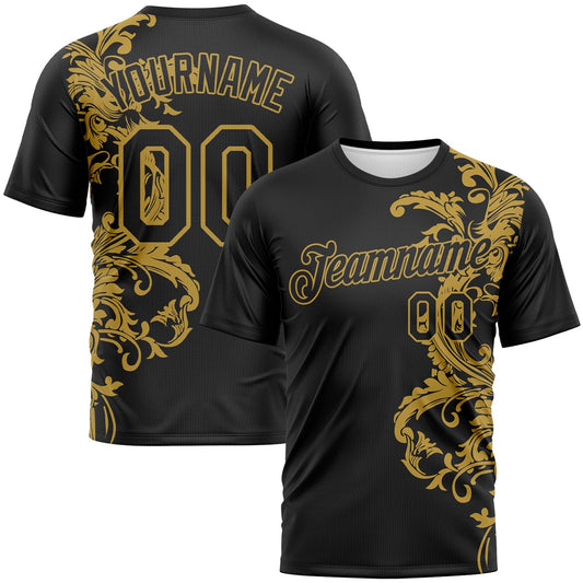 Custom Black-Old Gold Baroque Rococo Floral Scrollwork Performance T-Shirt - Main View