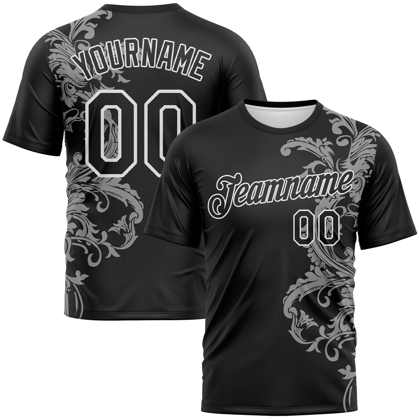 Custom Black Gray-White Baroque Rococo Floral Scrollwork Performance T-Shirt - Main View