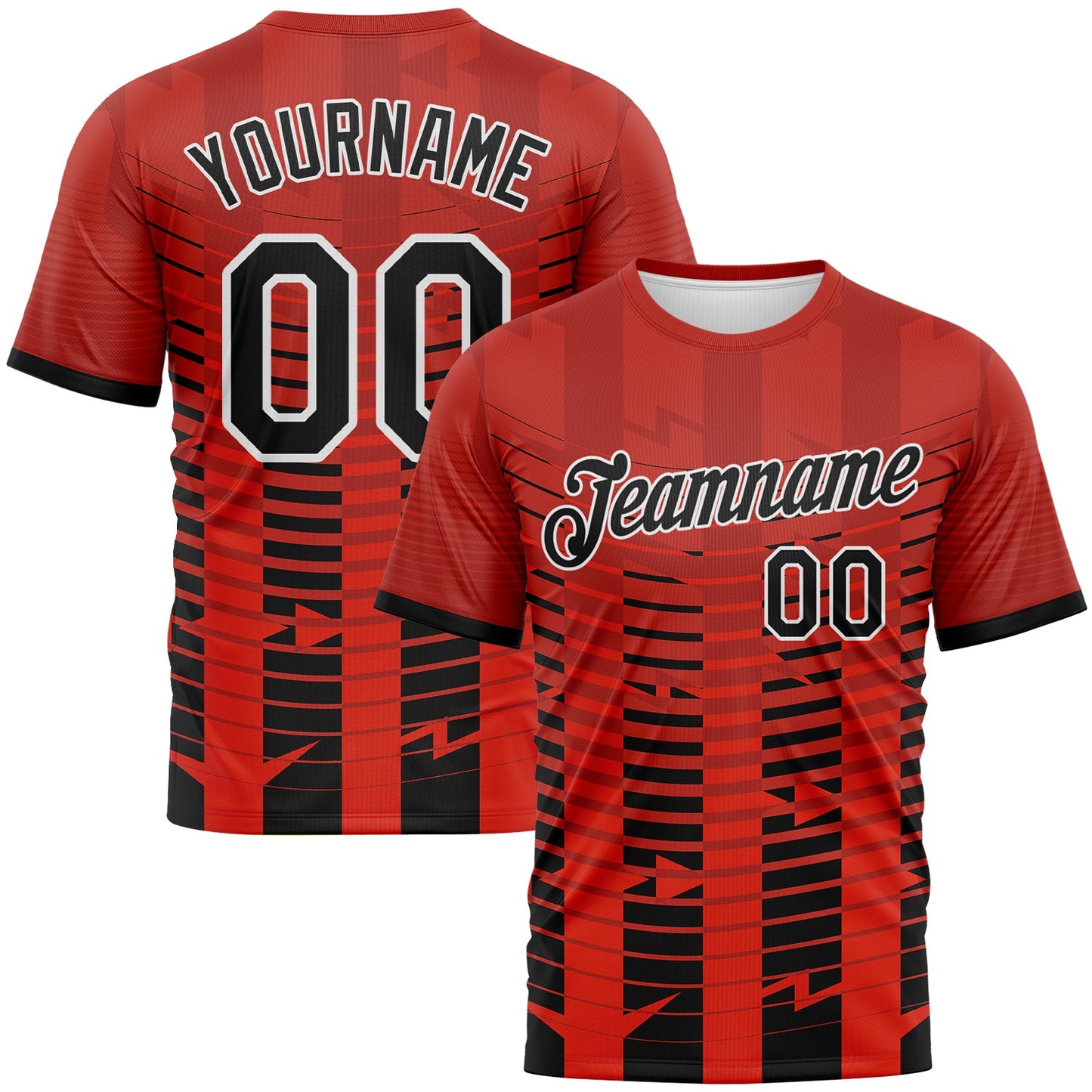 Custom Red Black-White Abstract Geometric Dynamic Stripe Performance T-Shirt - Main View