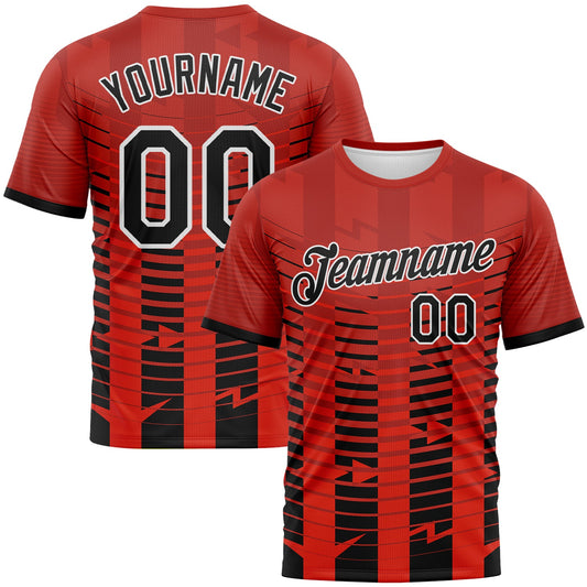 Custom Red Black-White Abstract Geometric Dynamic Stripe Performance T-Shirt - Main View