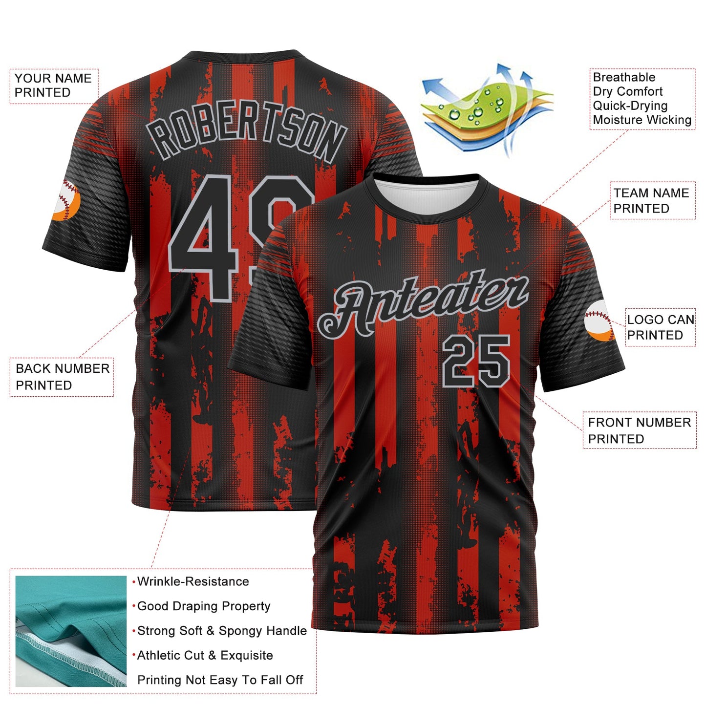 Custom Red Black-Gray Vintage Vertical Stripe Fantasy Performance T-Shirt view 2