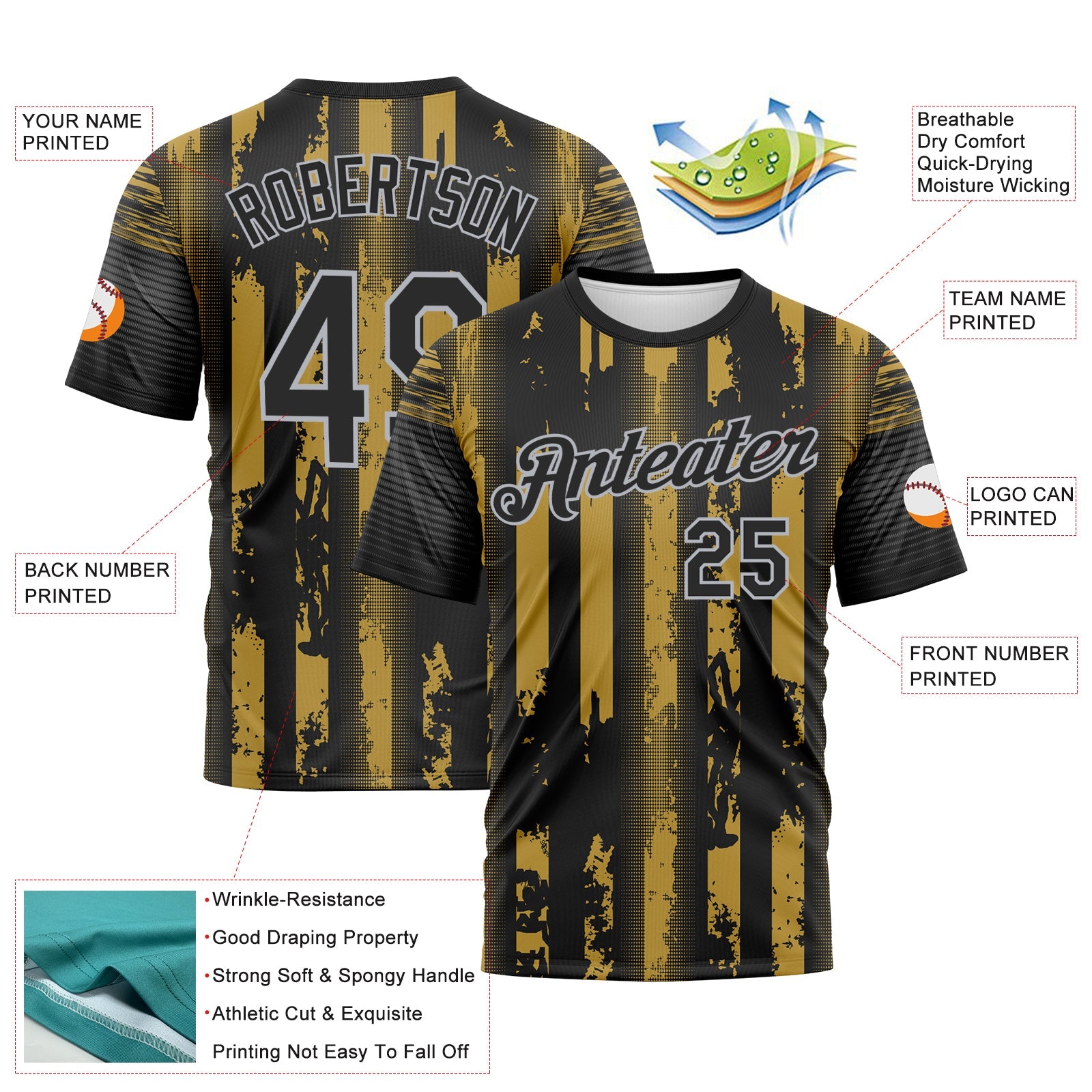 Custom Old Gold Black-Gray Vintage Vertical Stripe Fantasy Performance T-Shirt view 2
