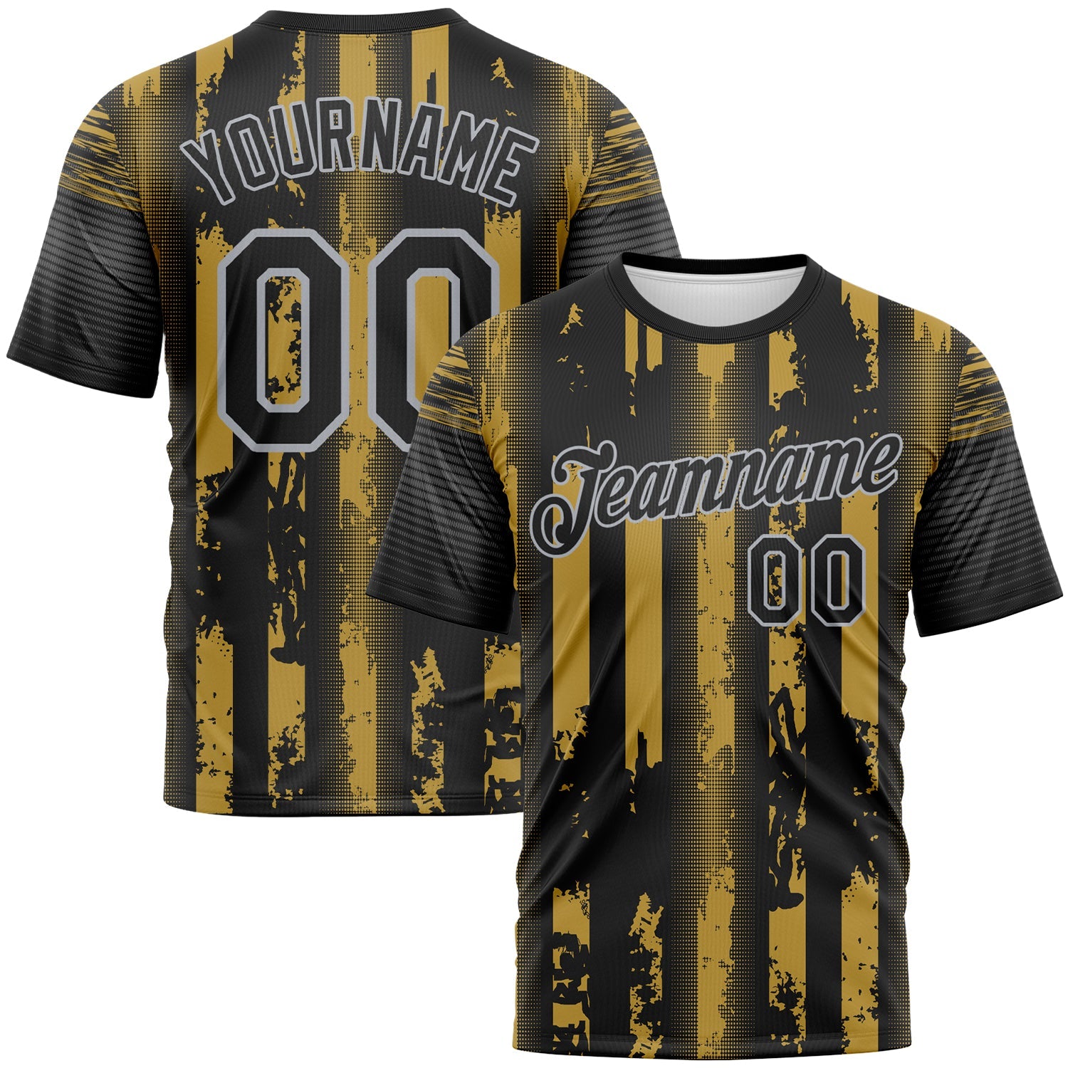 Custom Old Gold Black-Gray Vintage Vertical Stripe Fantasy Performance T-Shirt - Main View