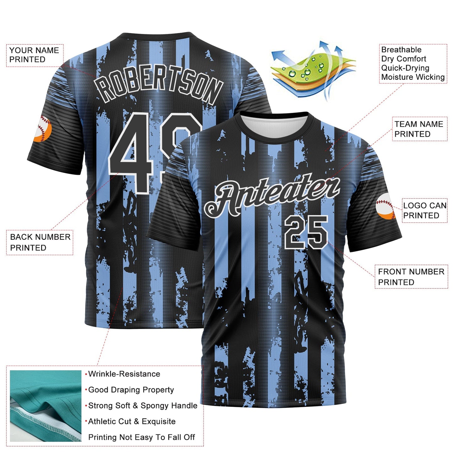 Custom Light Blue Black-White Vintage Vertical Stripe Fantasy Performance T-Shirt view 2
