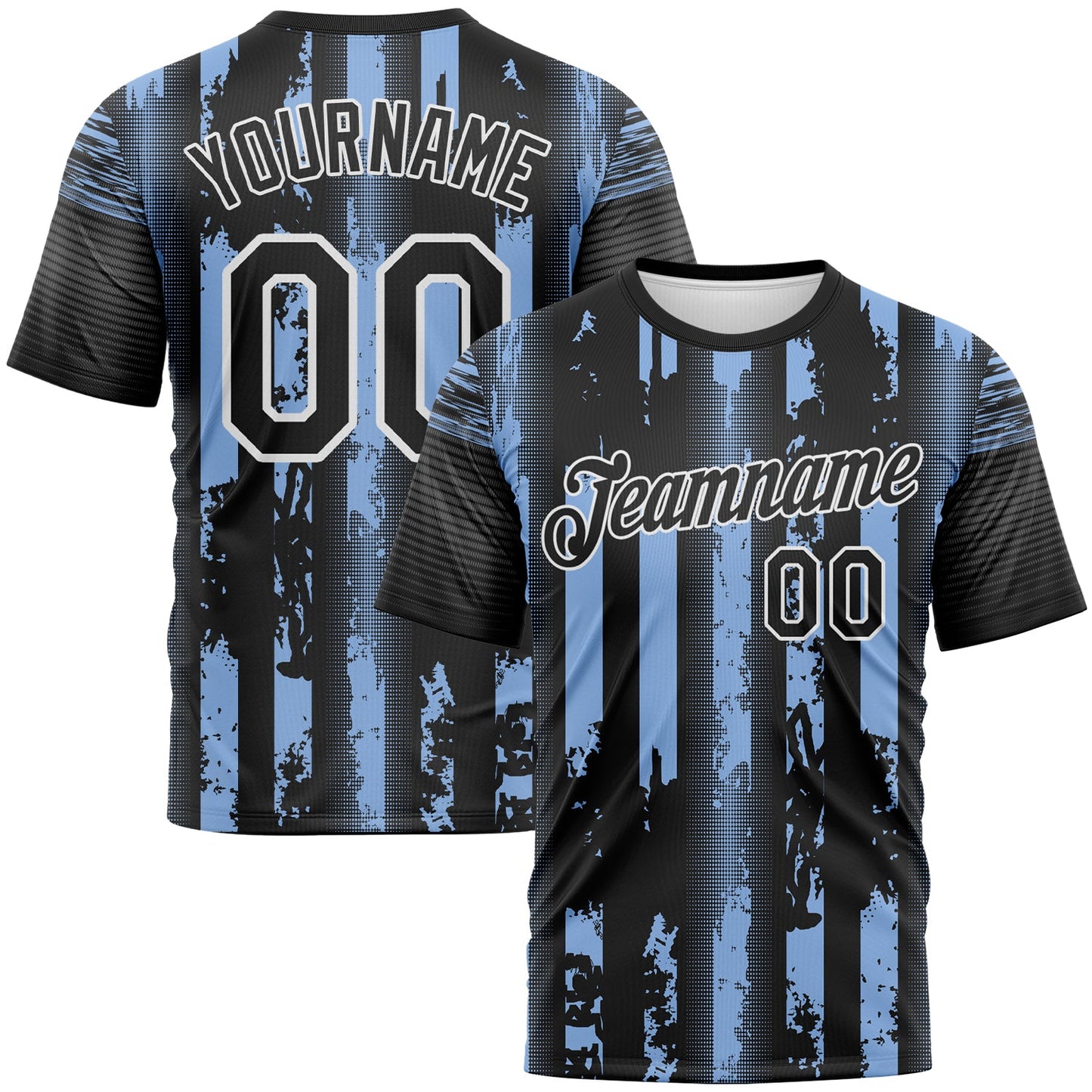 Custom Light Blue Black-White Vintage Vertical Stripe Fantasy Performance T-Shirt - Main View