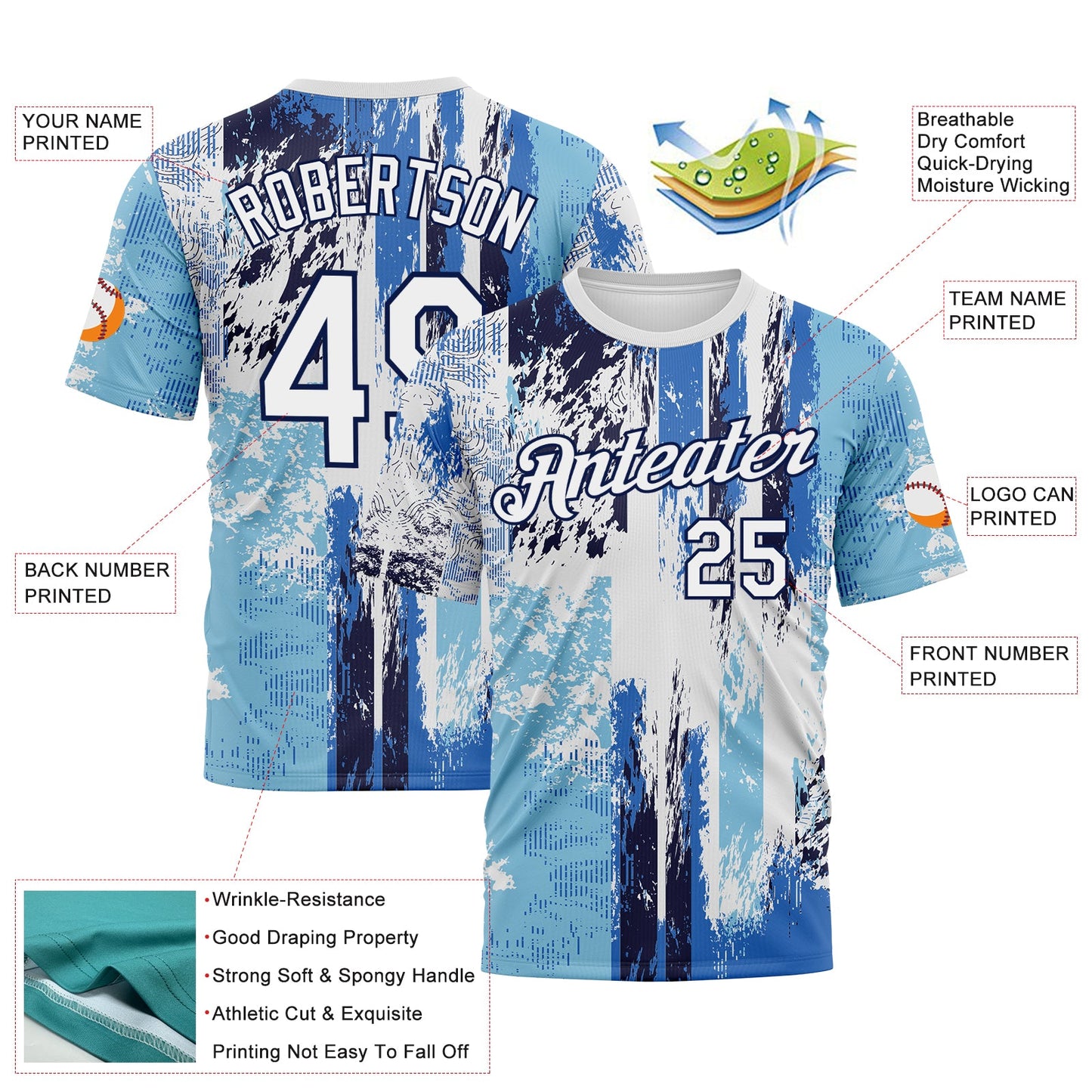 Custom Navy White Sky Blue-Light Blue Concept Grunge Fantasy Performance T-Shirt view 2