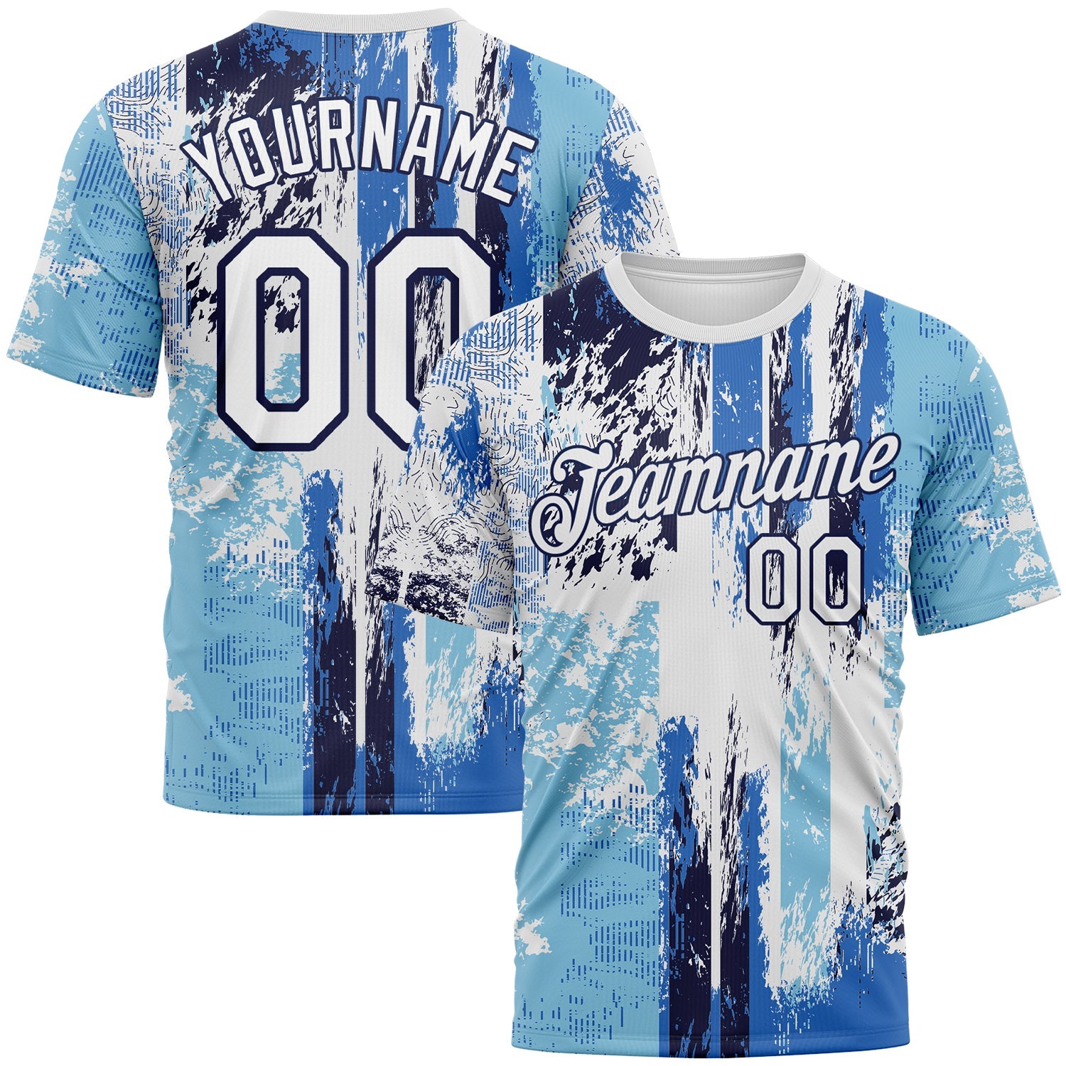 Custom Navy White Sky Blue-Light Blue Concept Grunge Fantasy Performance T-Shirt - Main View