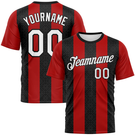 Custom Black White-Red Vertical Stripe Geometric Performance T-Shirt - Main View
