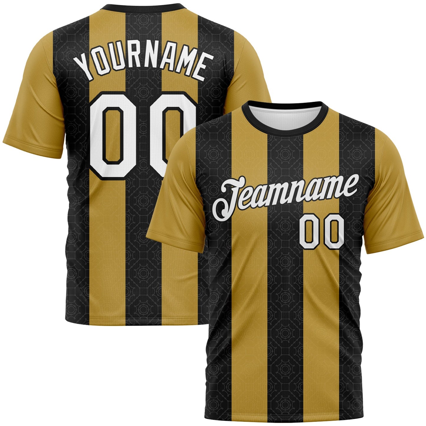 Custom Old Gold White-Black Vertical Stripe Geometric Performance T-Shirt - Main View