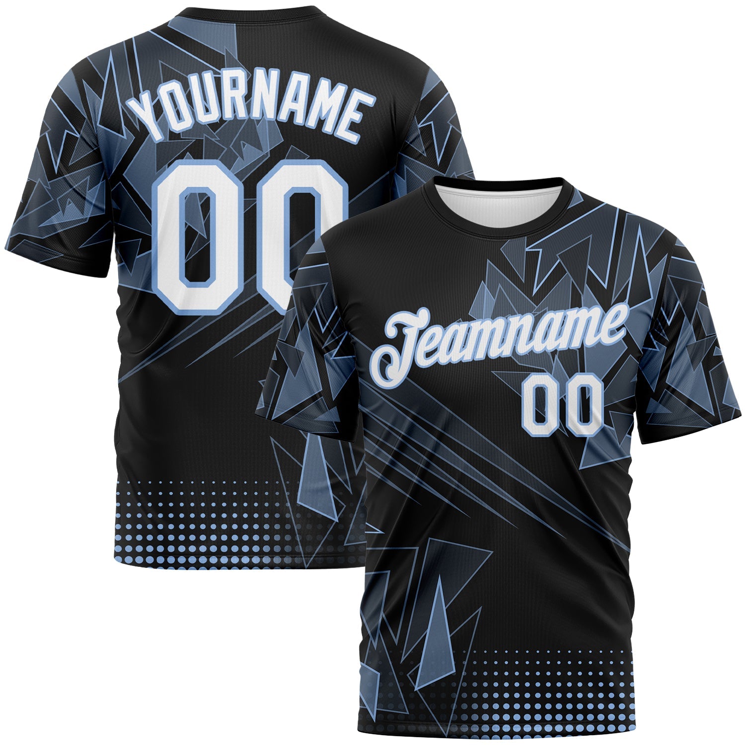 Custom Light Blue White-Black Abstract Geometric Shattered Angular Performance T-Shirt - Main View