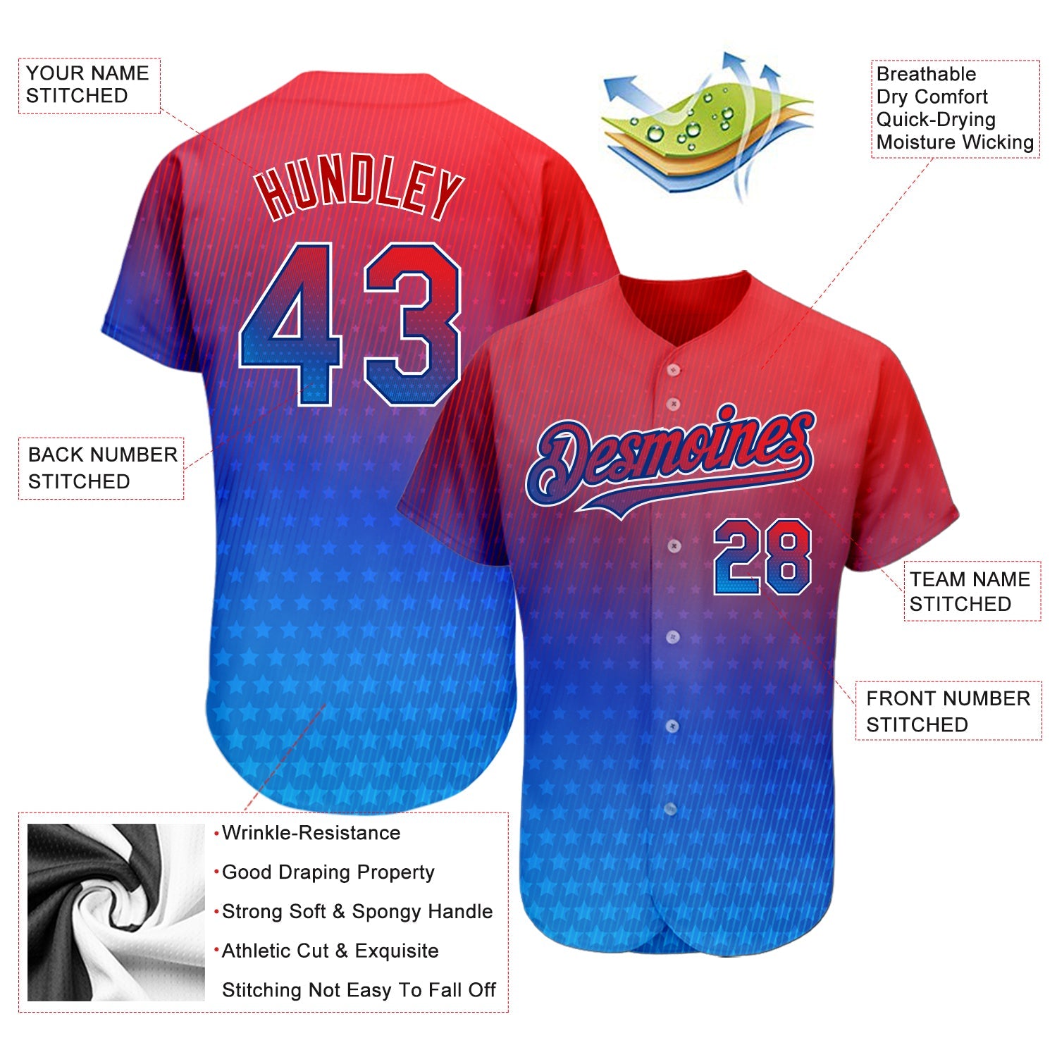 Custom Red Royal-White 3D American Flag Fashion Authentic Baseball Jersey view 3