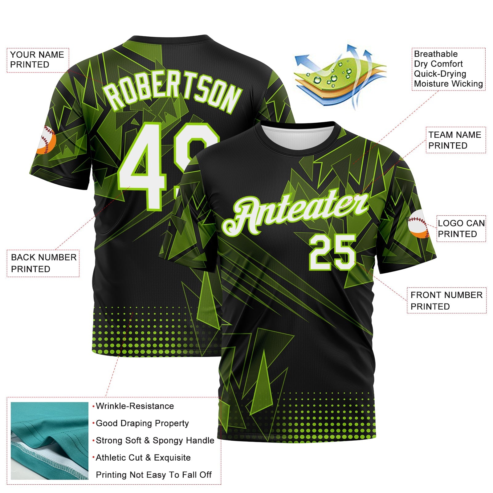 Custom Neon Green White-Black Abstract Geometric Shattered Angular Performance T-Shirt view 2