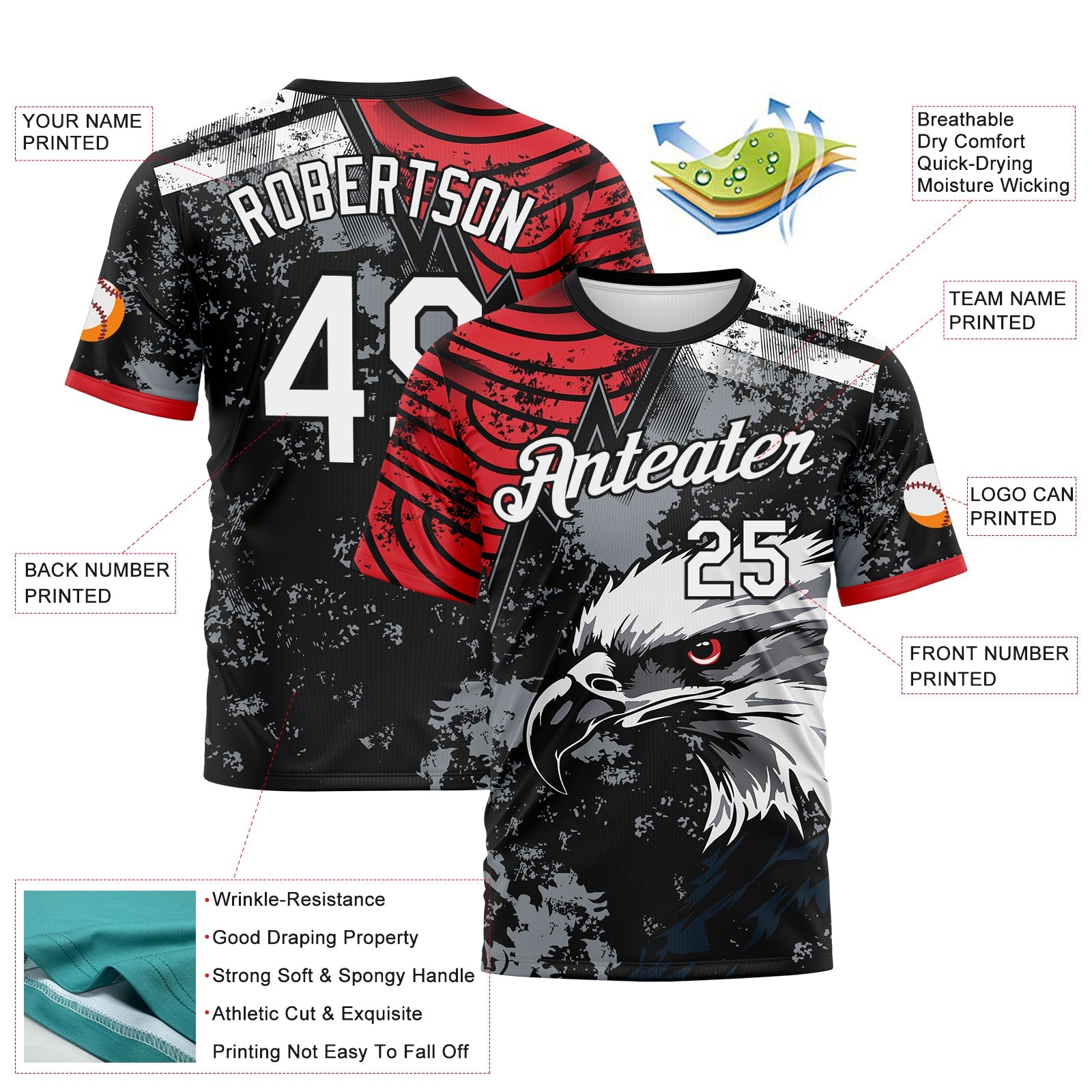 Custom Red White-Black Aguila Eagle Grunge Style Performance T-Shirt view 2