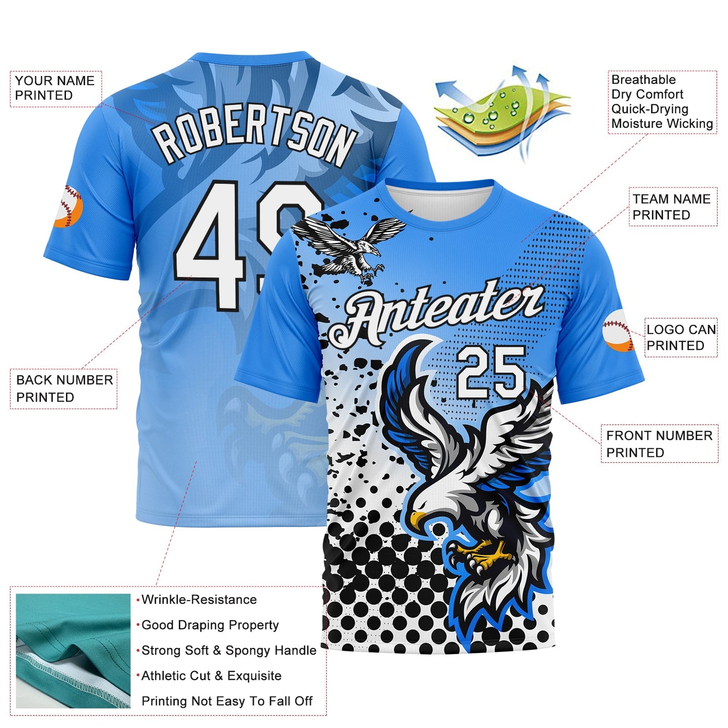 Custom Sky Blue White-Black Aguila Eagle Performance T-Shirt view 2
