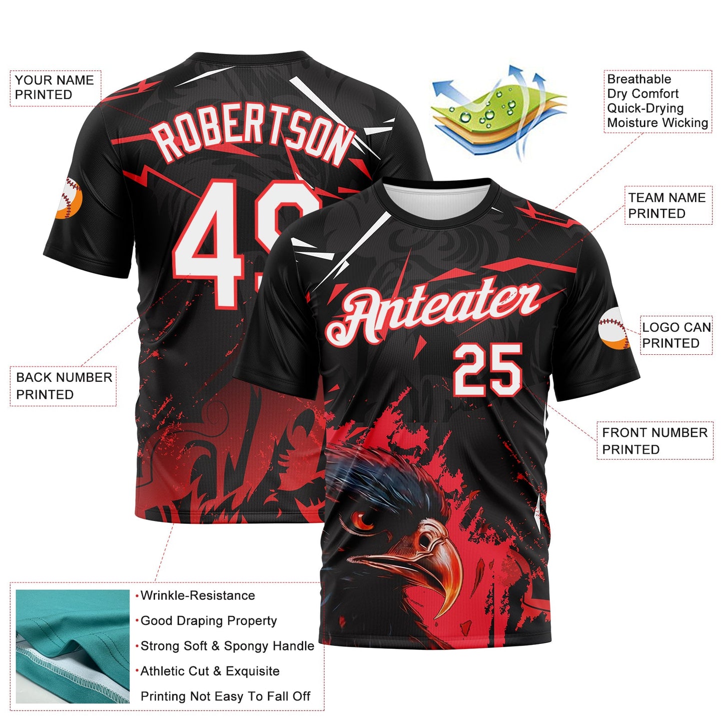 Custom Black White-Red Aguila Eagle Performance T-Shirt view 2