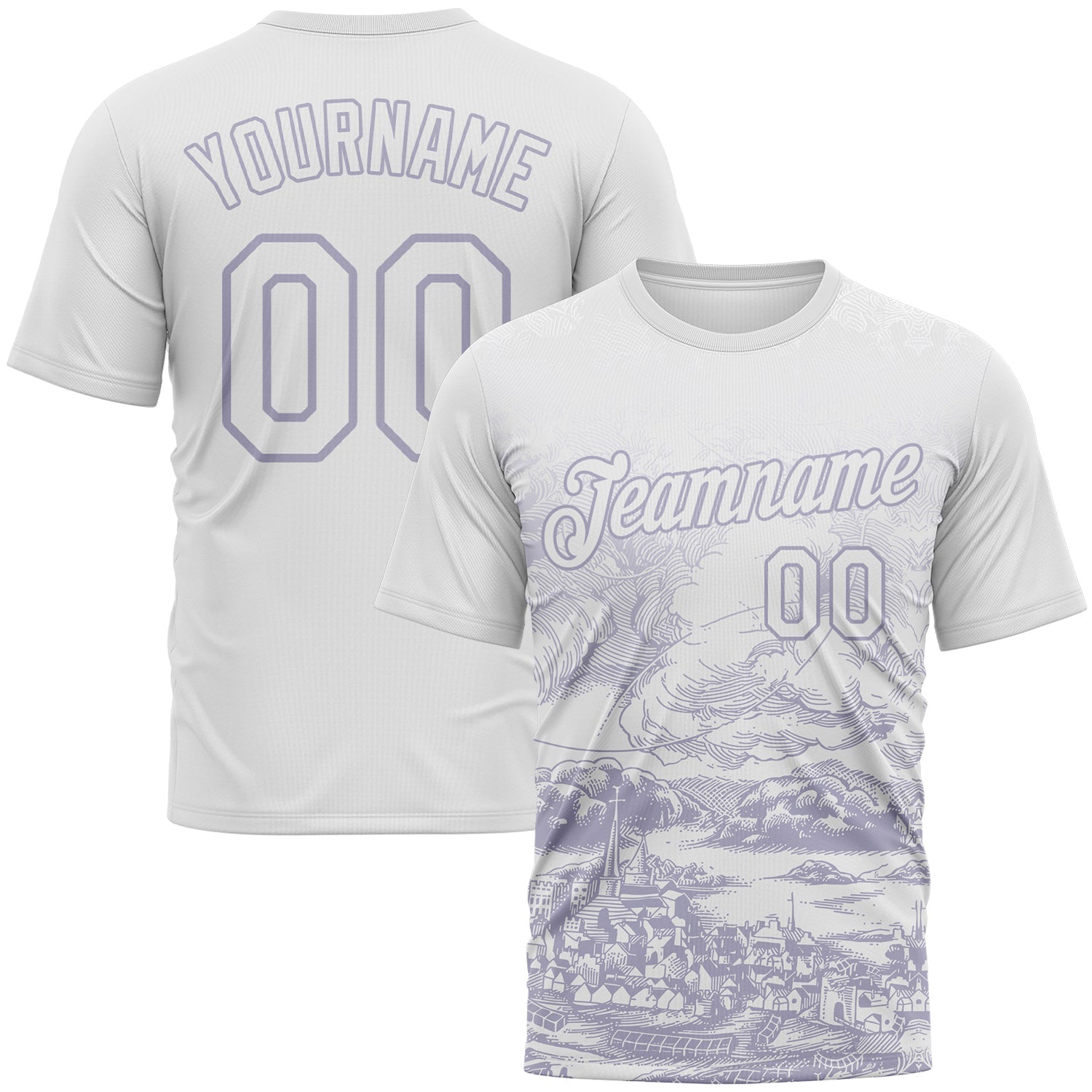 Custom White-Light Purple Vintage Line Art Cityscape Performance T-Shirt - Main View