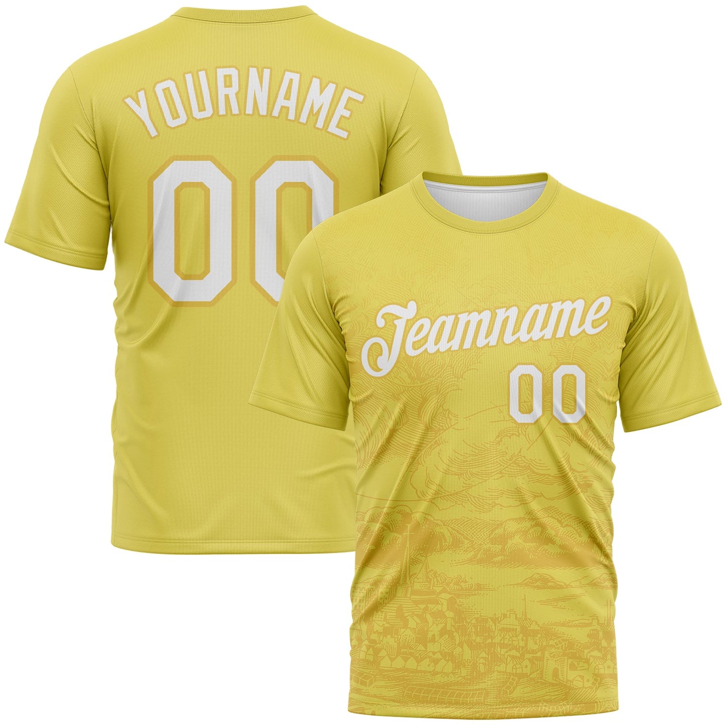 Custom Light Yellow-White Vintage Line Art Cityscape Performance T-Shirt - Main View