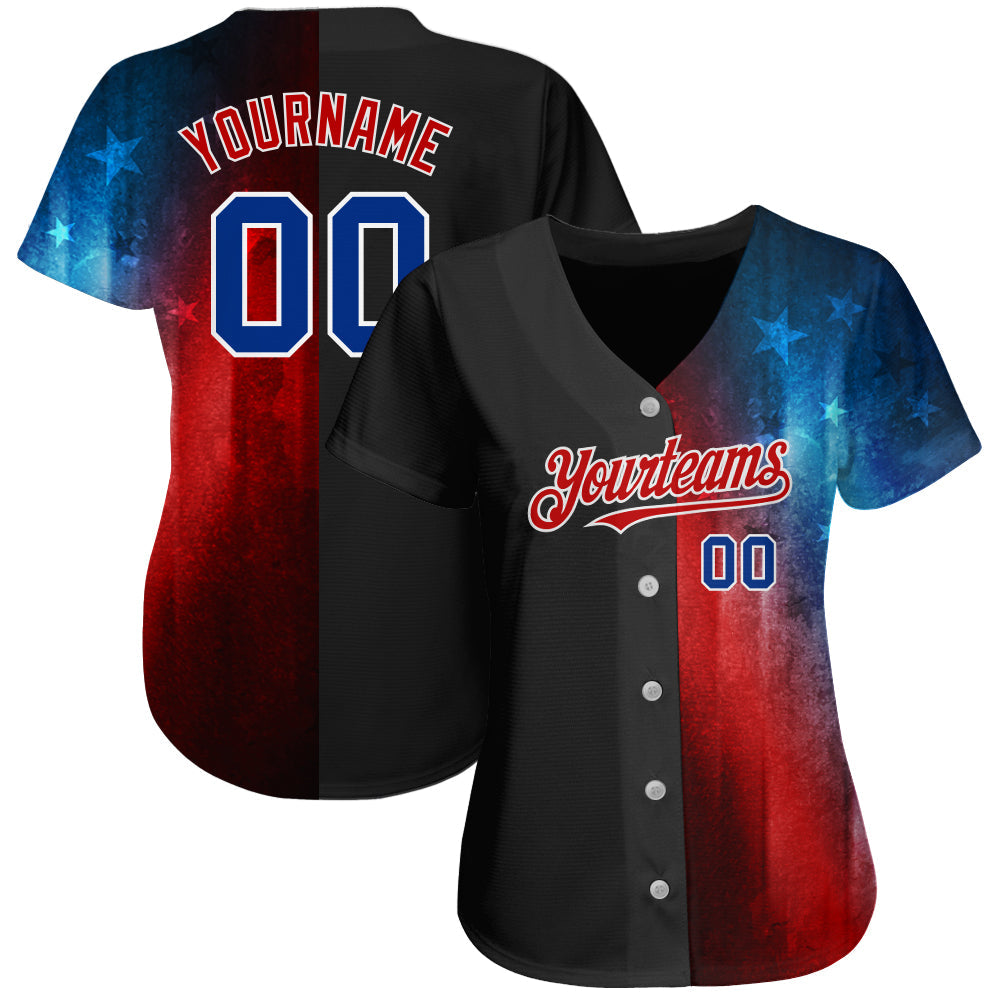 Custom Black Royal-Red 3D American Flag Fashion Authentic Baseball Jersey view 2