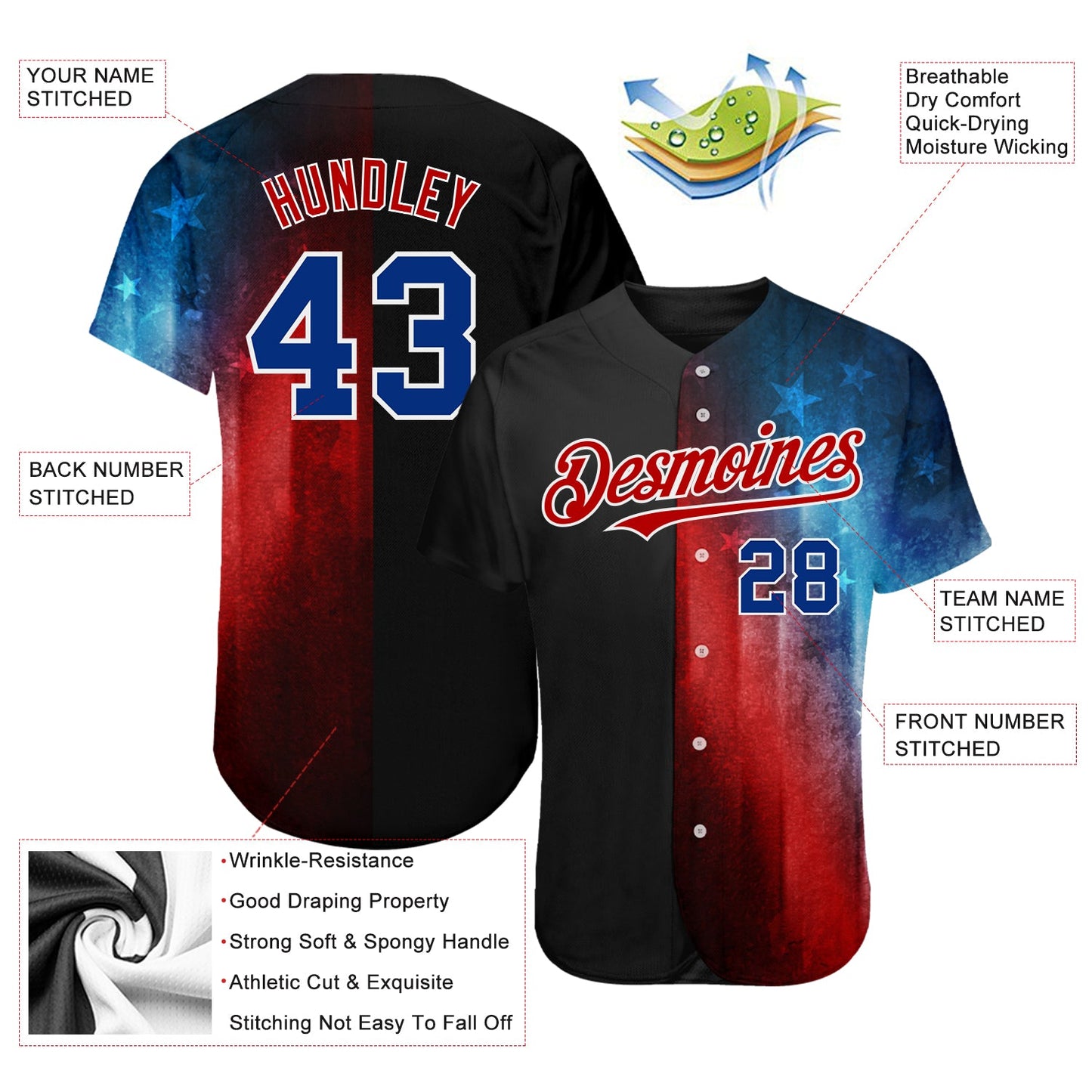 Custom Black Royal-Red 3D American Flag Fashion Authentic Baseball Jersey view 3