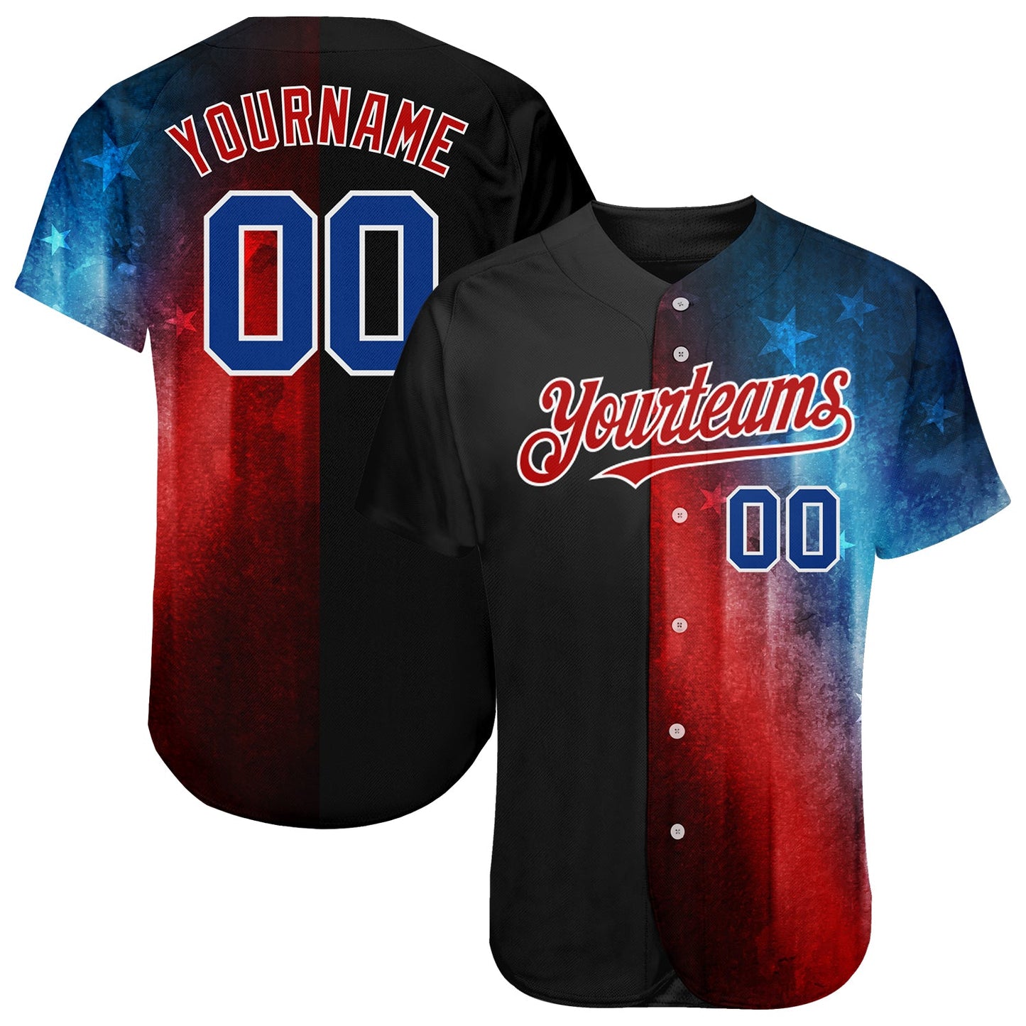 Custom Black Royal-Red 3D American Flag Fashion Authentic Baseball Jersey - Main View