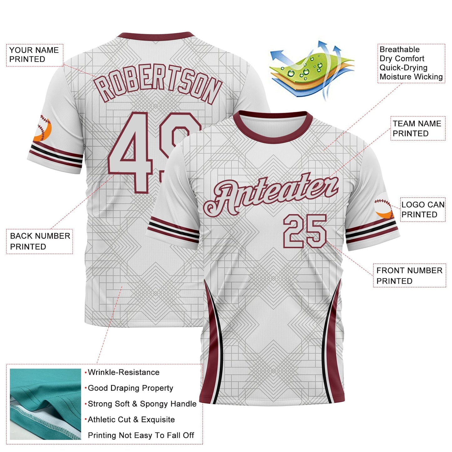 Custom White-Burgundy Geometric Retro Athletic Performance T-Shirt view 2