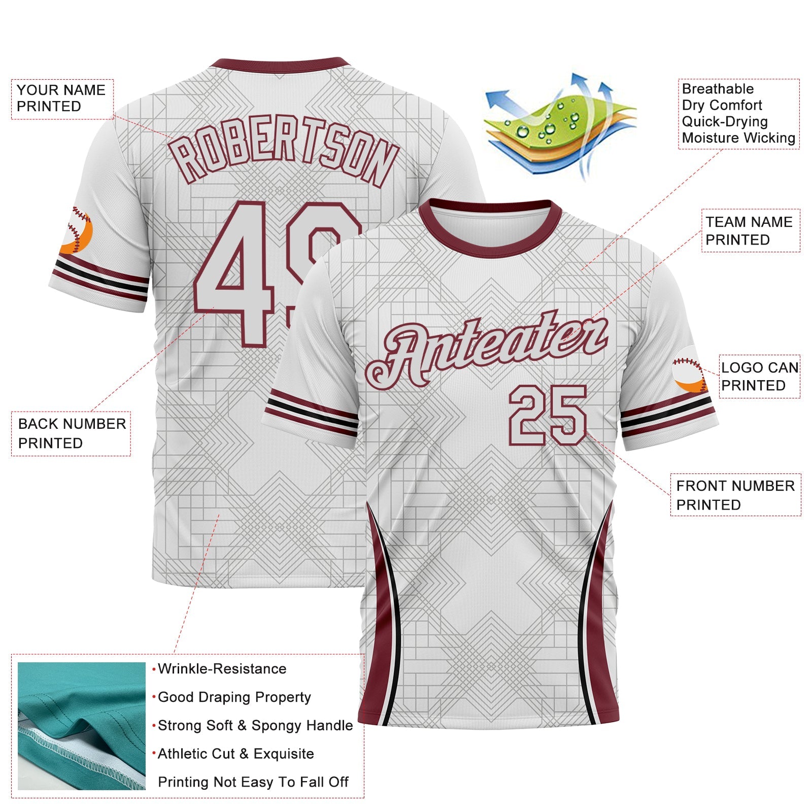 Custom White-Burgundy Geometric Retro Athletic Performance T-Shirt view 2