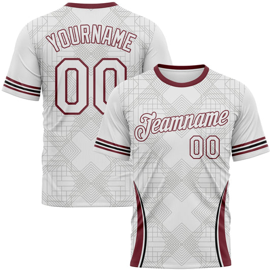 Custom White-Burgundy Geometric Retro Athletic Performance T-Shirt - Main View