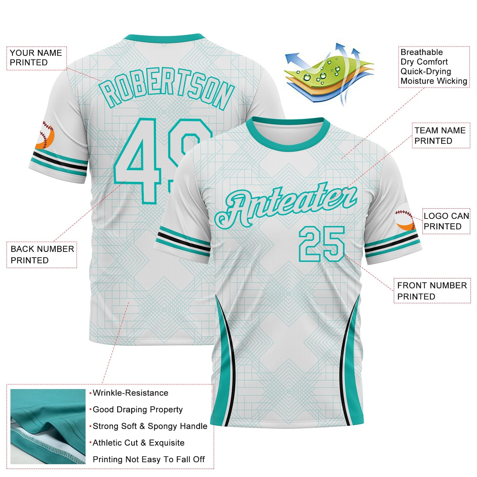Custom White-Aqua Geometric Retro Athletic Performance T-Shirt view 2