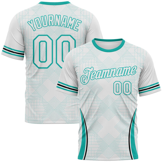 Custom White-Aqua Geometric Retro Athletic Performance T-Shirt - Main View