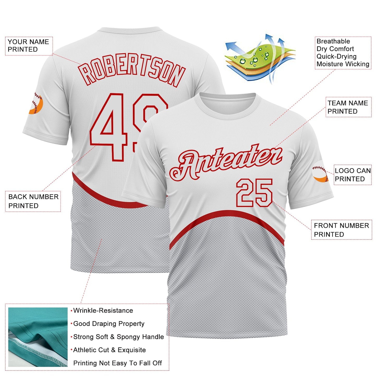 Custom White Gray-Red Retro Design Performance T-Shirt view 2