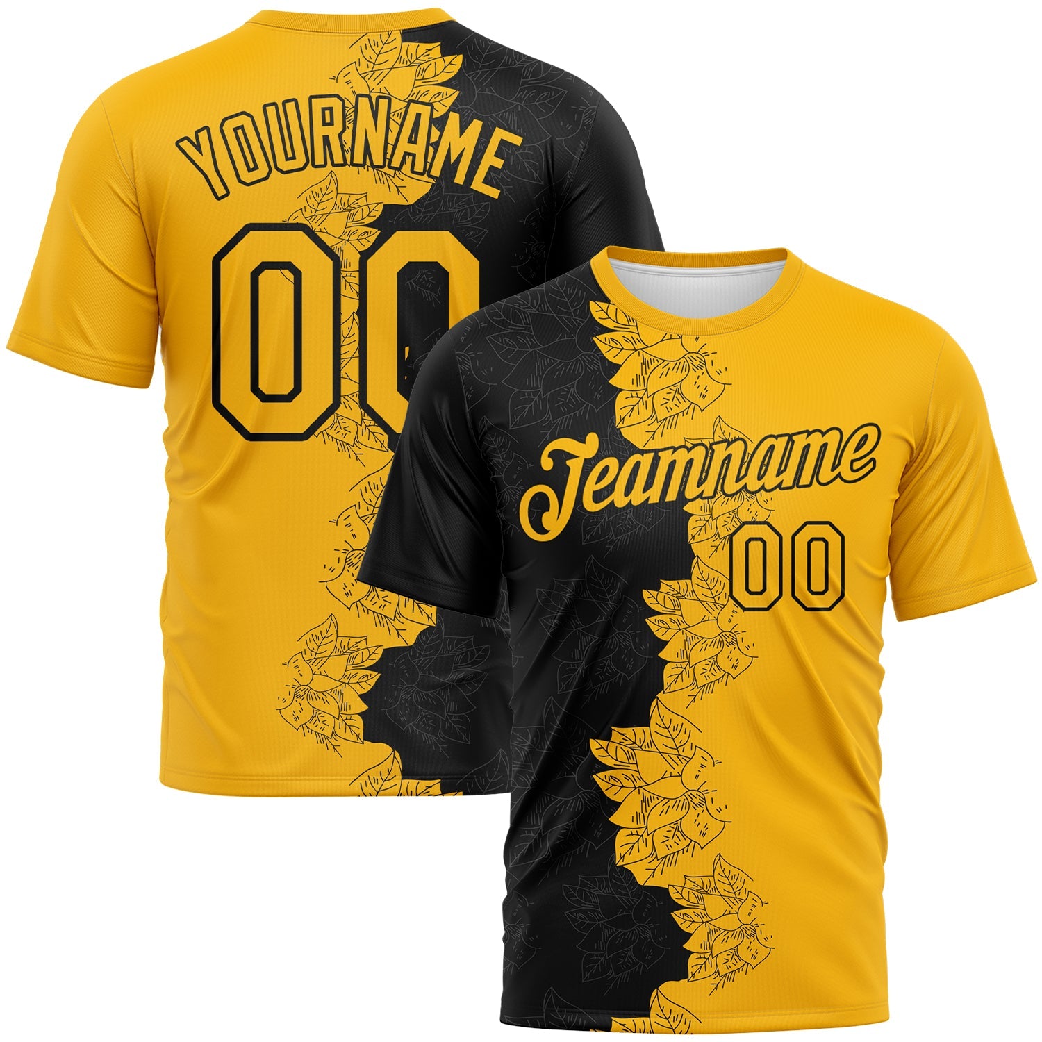 Custom Black-Gold Flower Sketch Split Fashion Performance T-Shirt - Main View