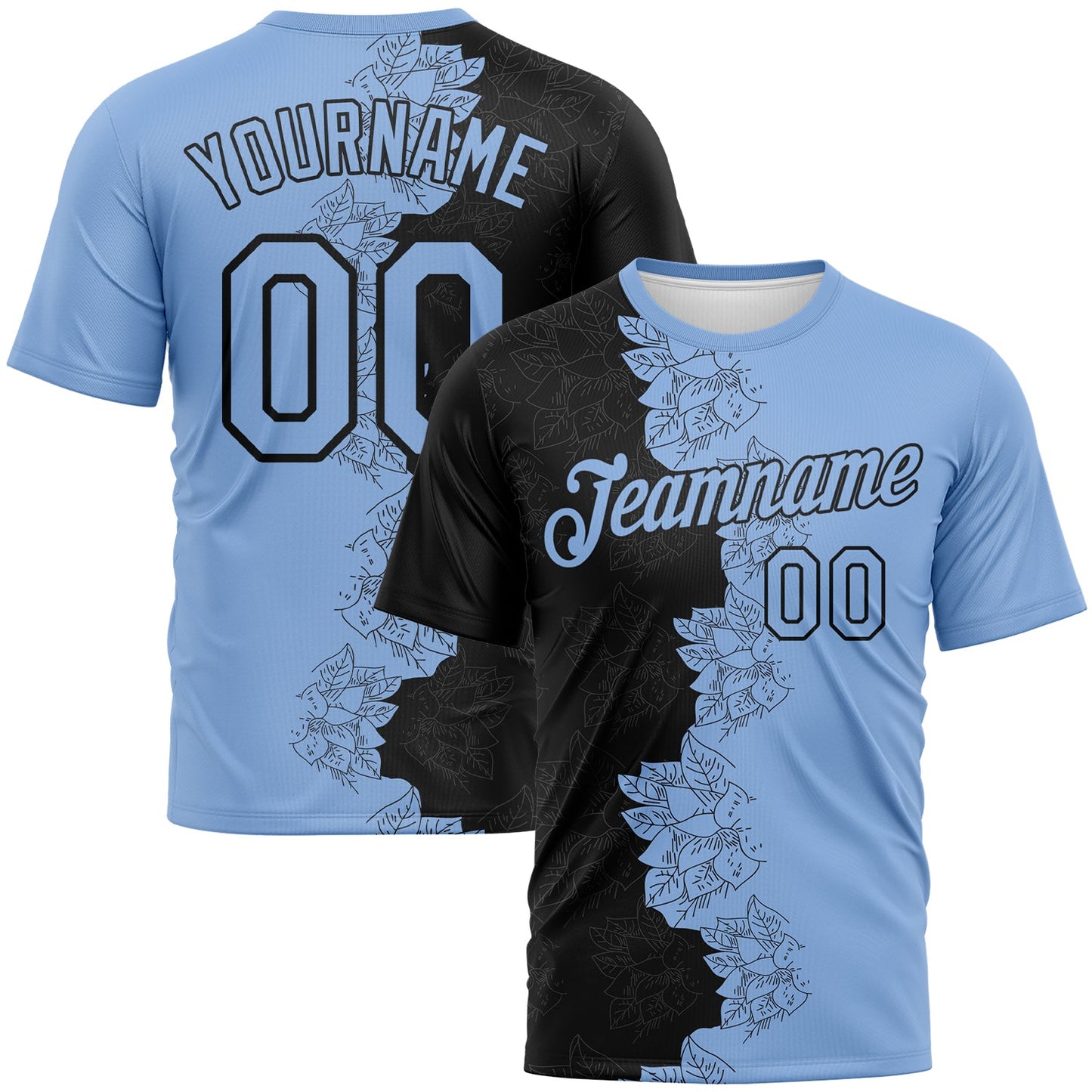 Custom Black-Light Blue Flower Sketch Split Fashion Performance T-Shirt - Main View