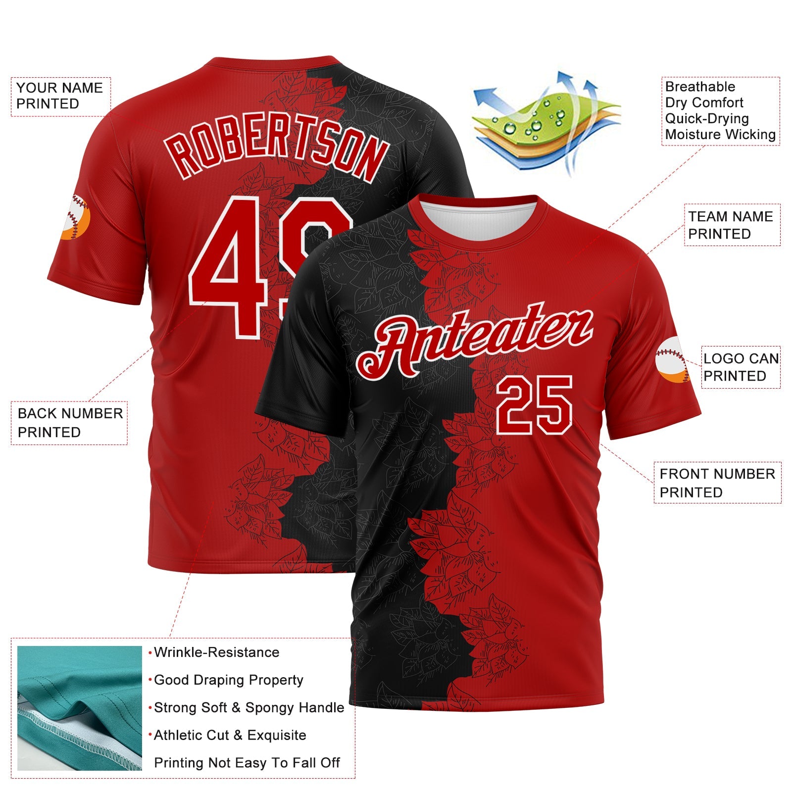 Custom Black Red-White Flower Sketch Split Fashion Performance T-Shirt view 2