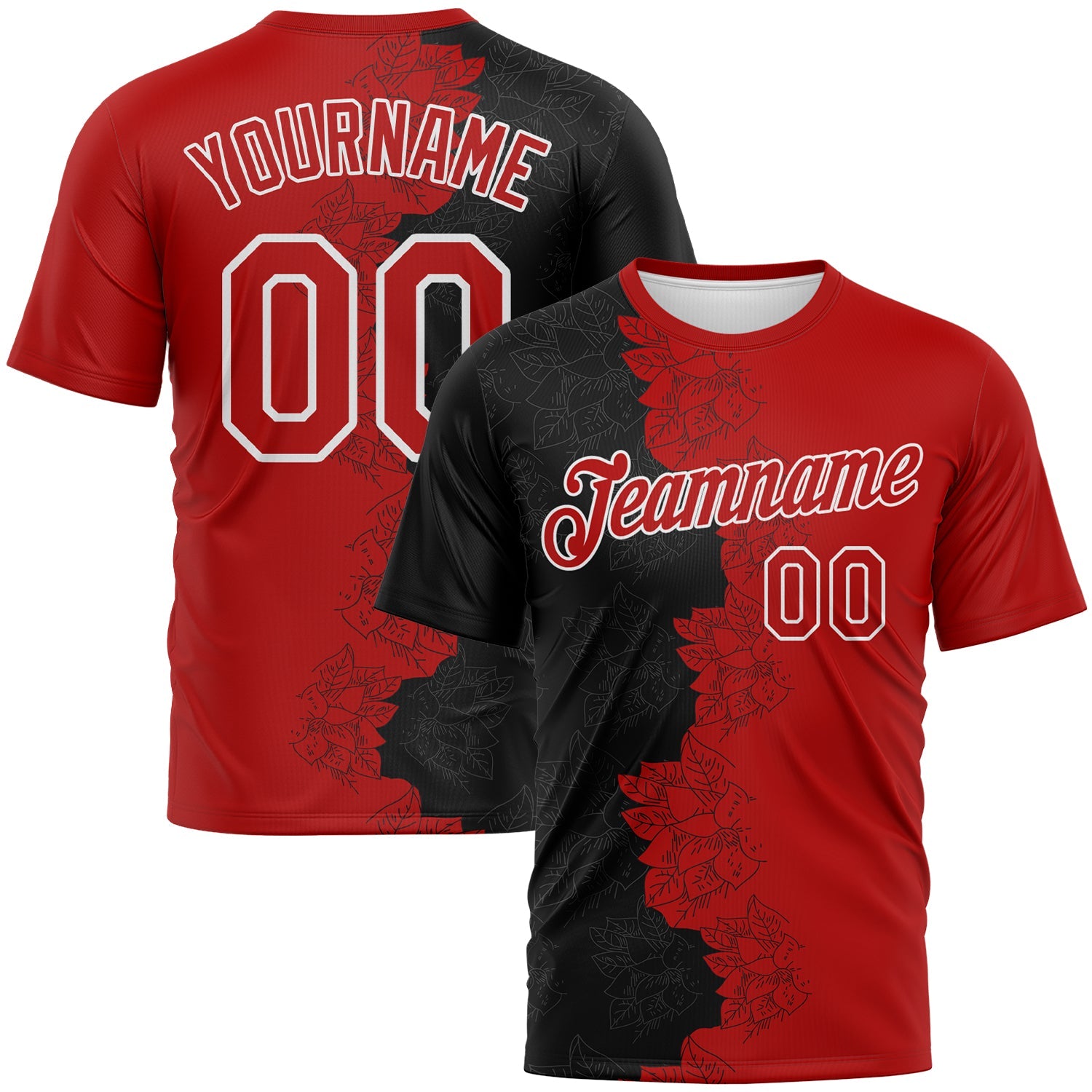 Custom Black Red-White Flower Sketch Split Fashion Performance T-Shirt - Main View
