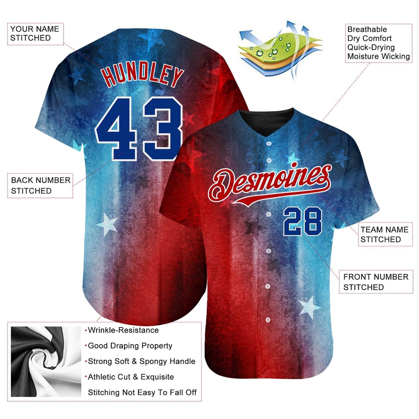 Custom Red Royal-Black 3D American Flag Fashion Authentic Baseball Jersey view 3