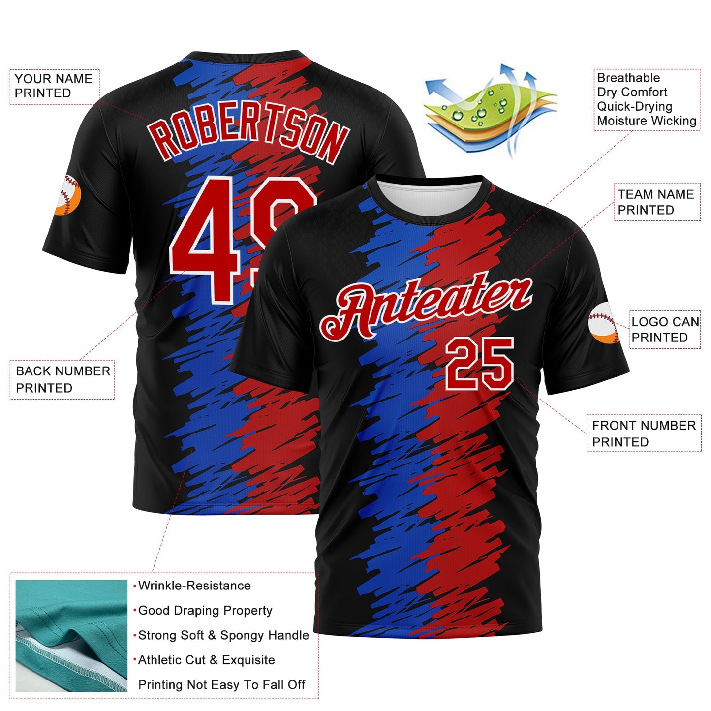 Custom Black Red Thunder Blue-White Brush Stroke Graffiti Grunge Style Performance T-Shirt view 2