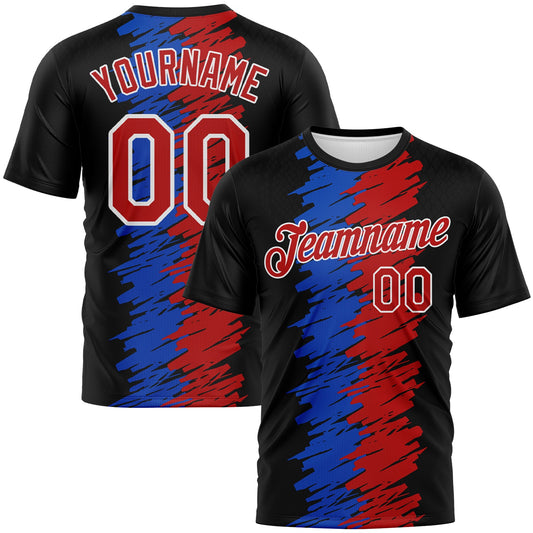 Custom Black Red Thunder Blue-White Brush Stroke Graffiti Grunge Style Performance T-Shirt - Main View