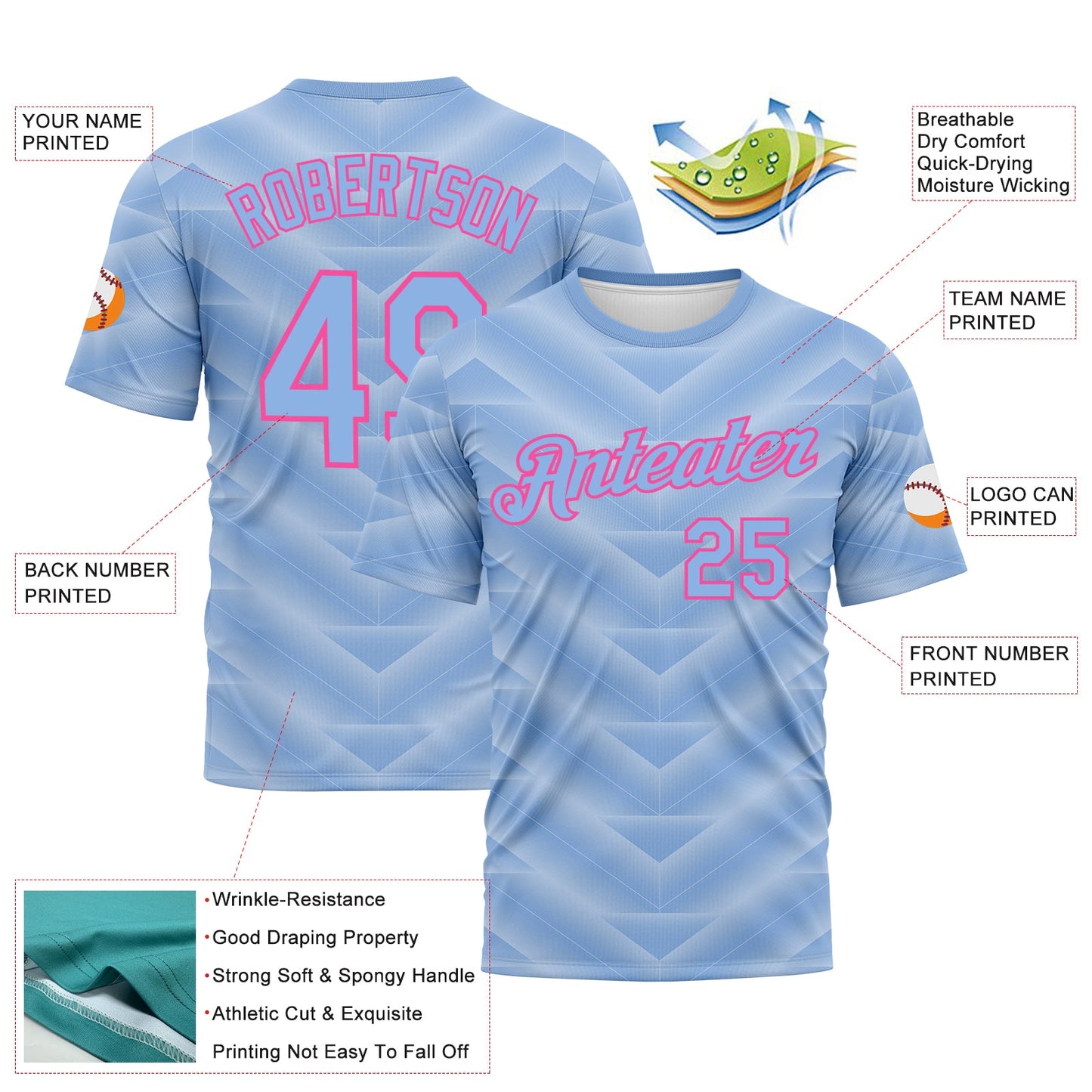 Custom Light Blue-Pink Geometric Chevron Texture Performance T-Shirt view 2