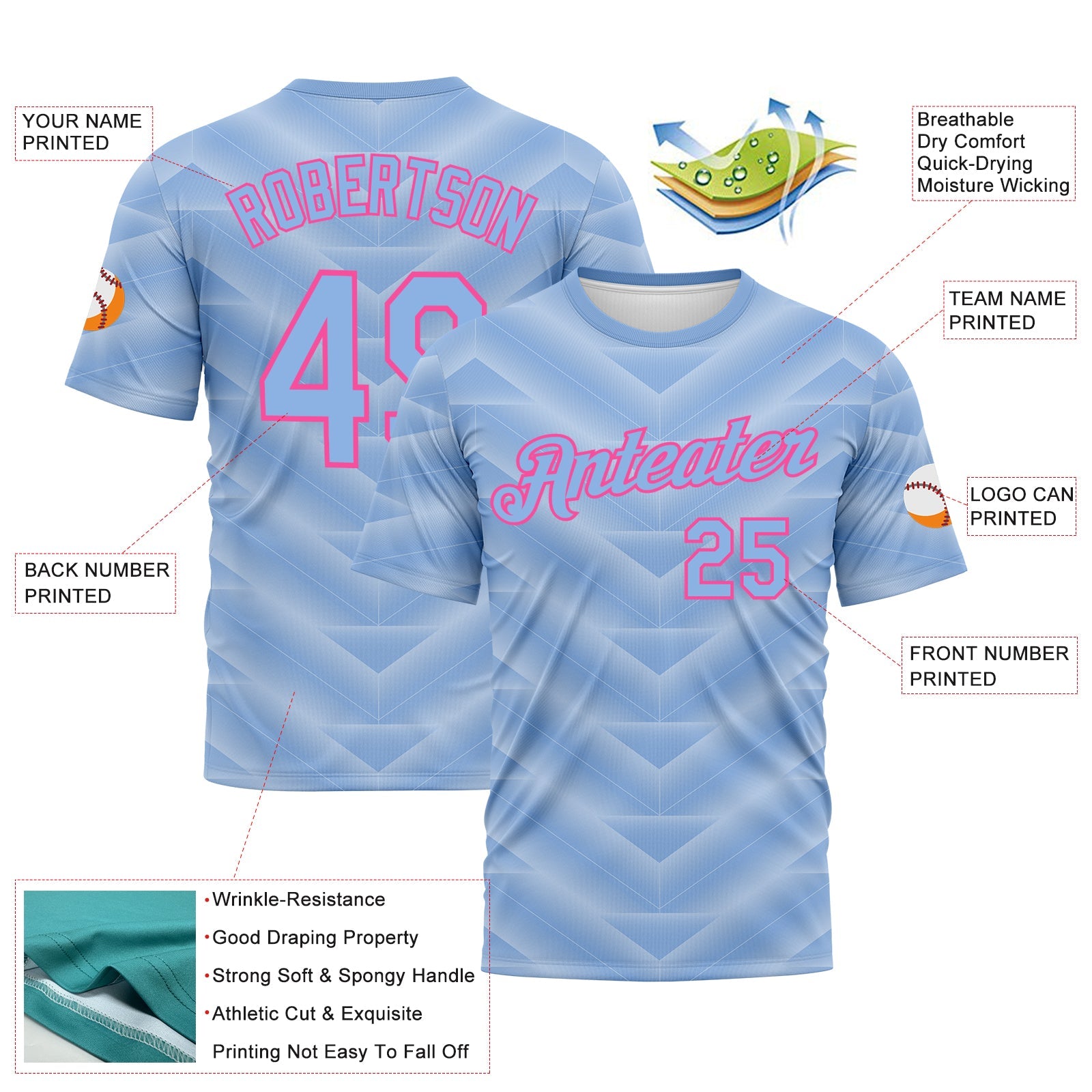 Custom Light Blue-Pink Geometric Chevron Texture Performance T-Shirt view 2
