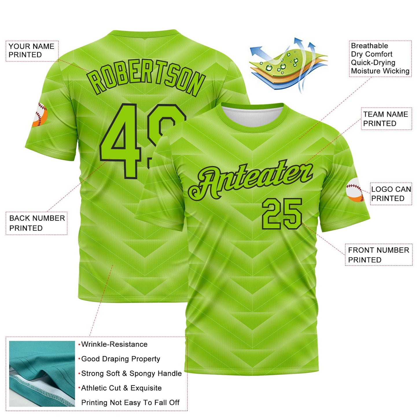 Custom Neon Green-Black Geometric Chevron Texture Performance T-Shirt view 2