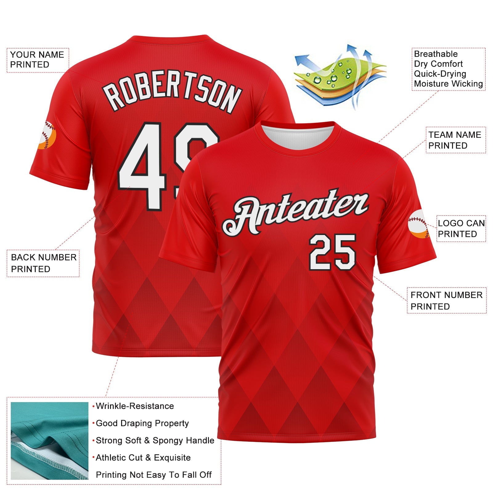 Custom Fire Red White-Black Diamond Vintage Argyle Performance T-Shirt view 2