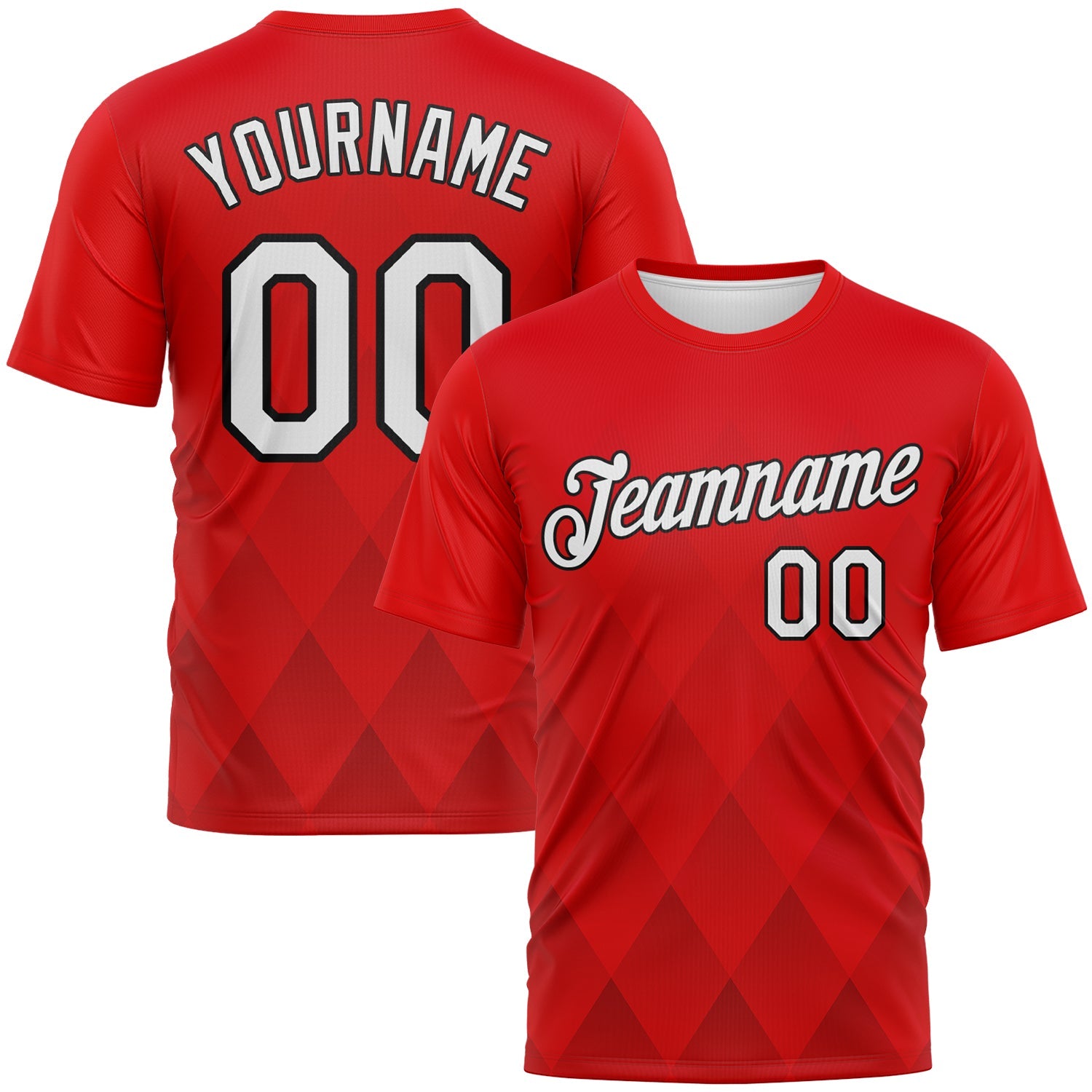 Custom Fire Red White-Black Diamond Vintage Argyle Performance T-Shirt - Main View