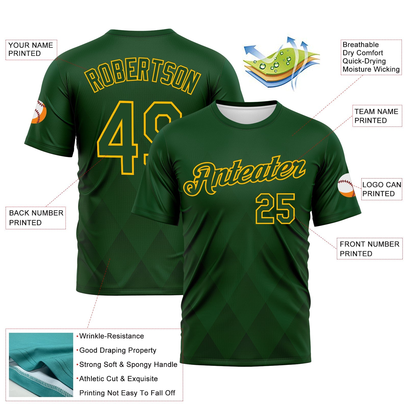 Custom Green-Gold Diamond Vintage Argyle Performance T-Shirt view 2