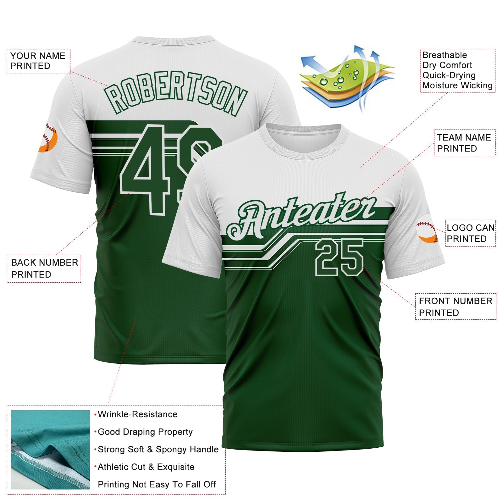 Custom White-Green Varsity Style Retro Stripe Performance T-Shirt view 2