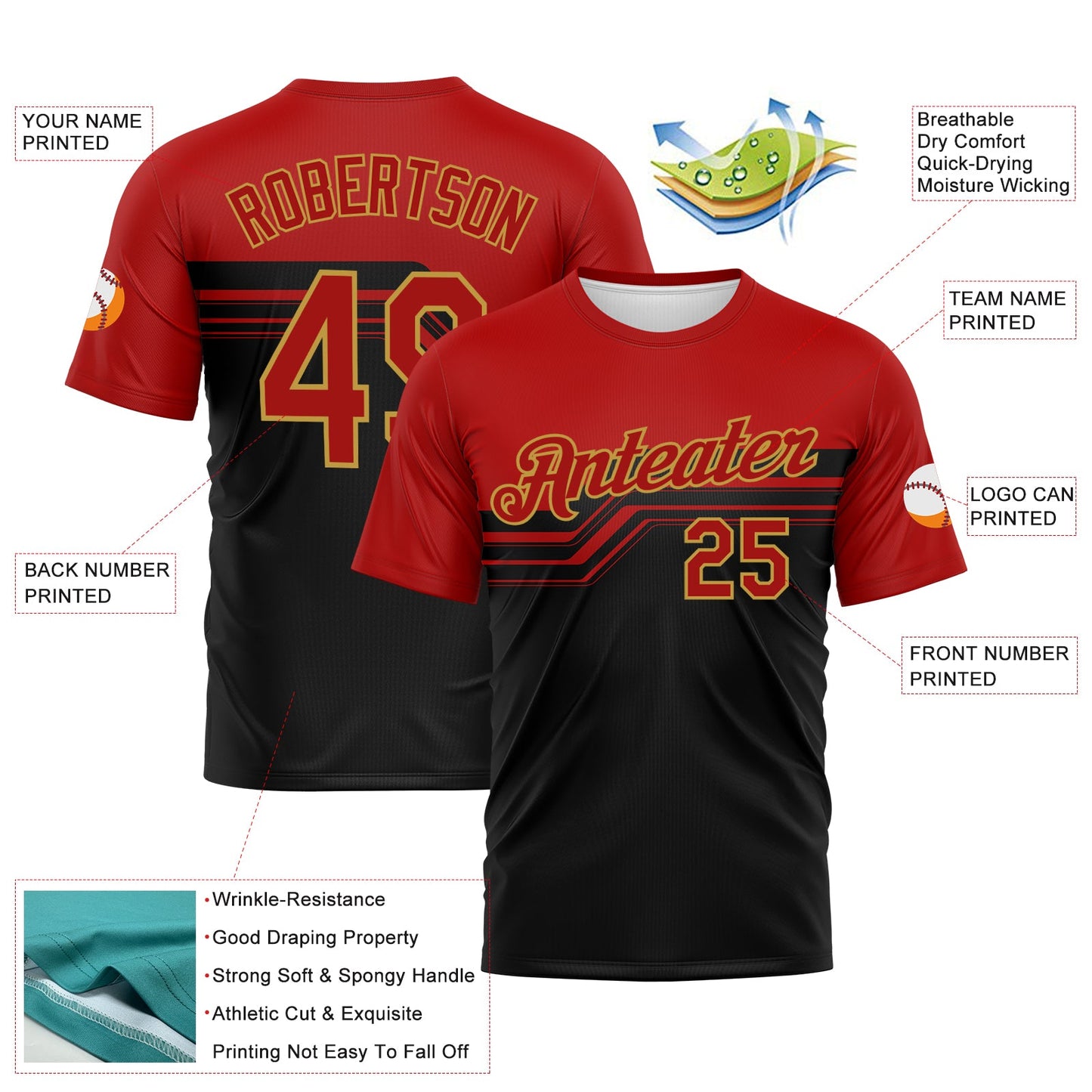 Custom Red Black-Old Gold Varsity Style Retro Stripe Performance T-Shirt view 2