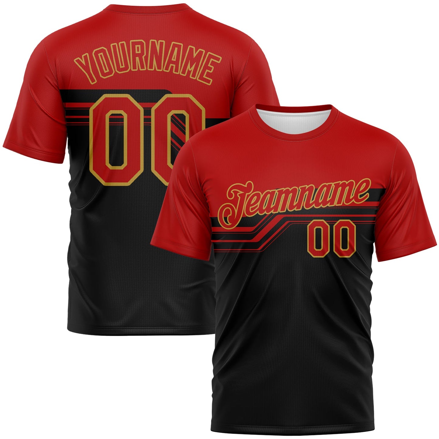 Custom Red Black-Old Gold Varsity Style Retro Stripe Performance T-Shirt - Main View