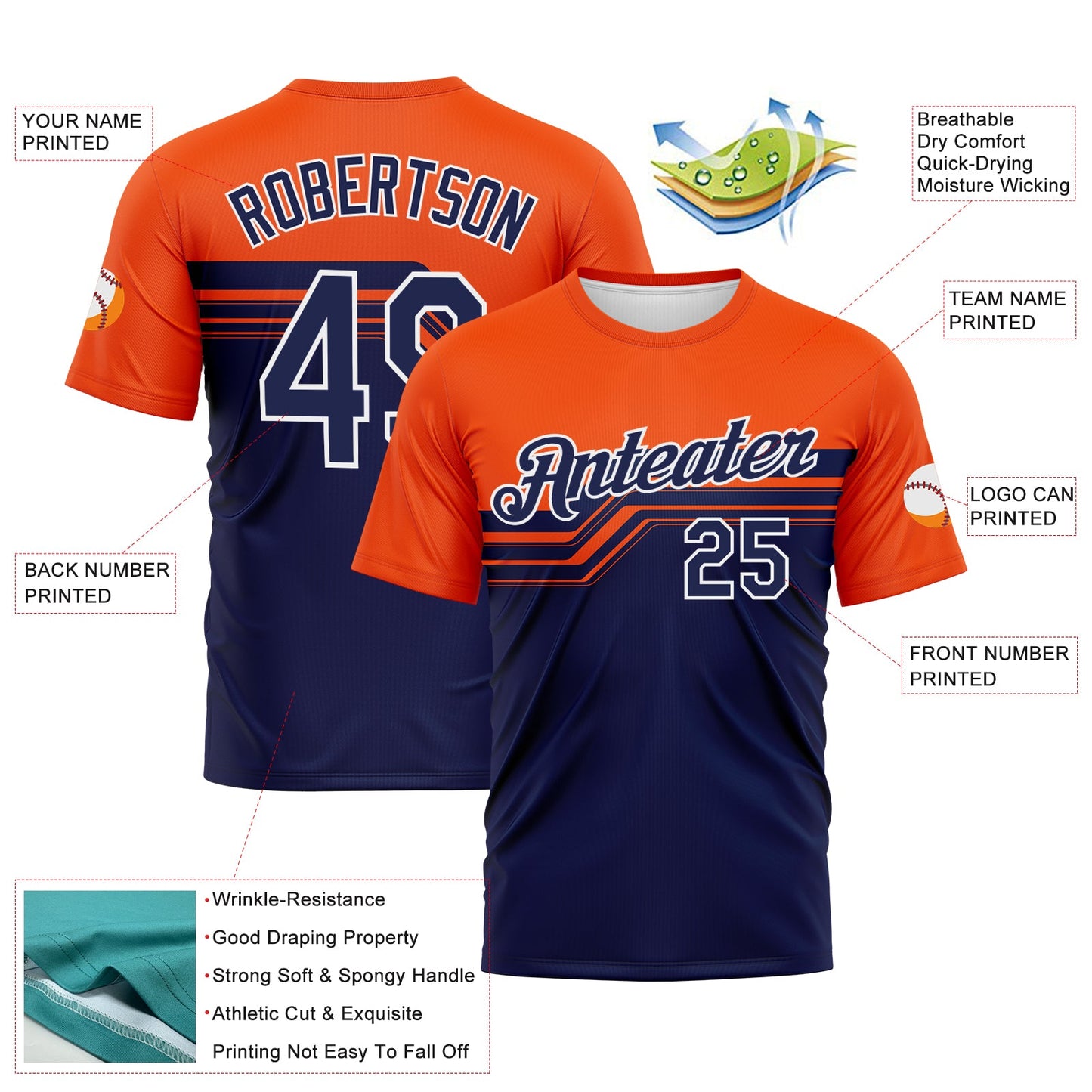 Custom Orange Navy-White Varsity Style Retro Stripe Performance T-Shirt view 2