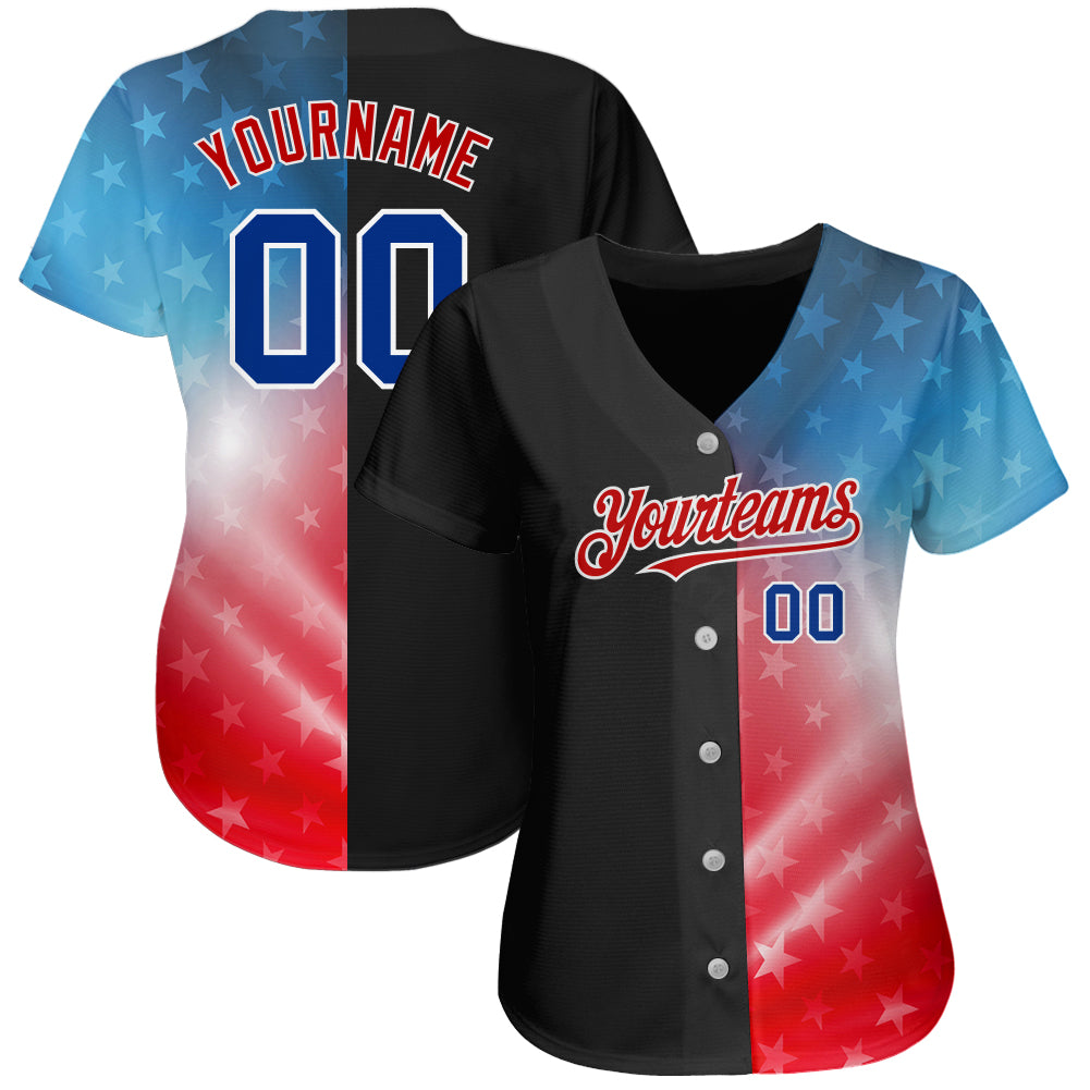 Custom Black Royal-Red 3D American Flag Fashion Authentic Baseball Jersey view 2